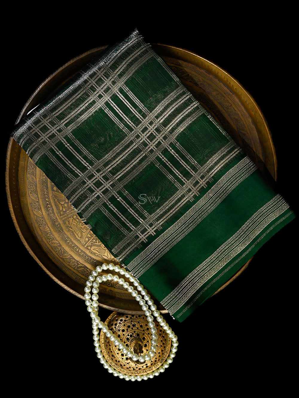 Dark Green Check Silk Handloom Banarasi Saree