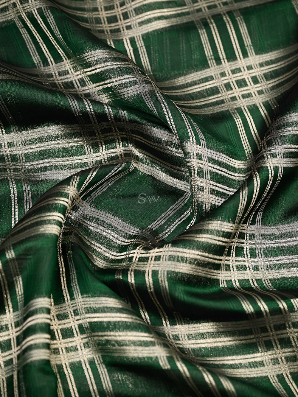 Dark Green Check Silk Handloom Banarasi Saree