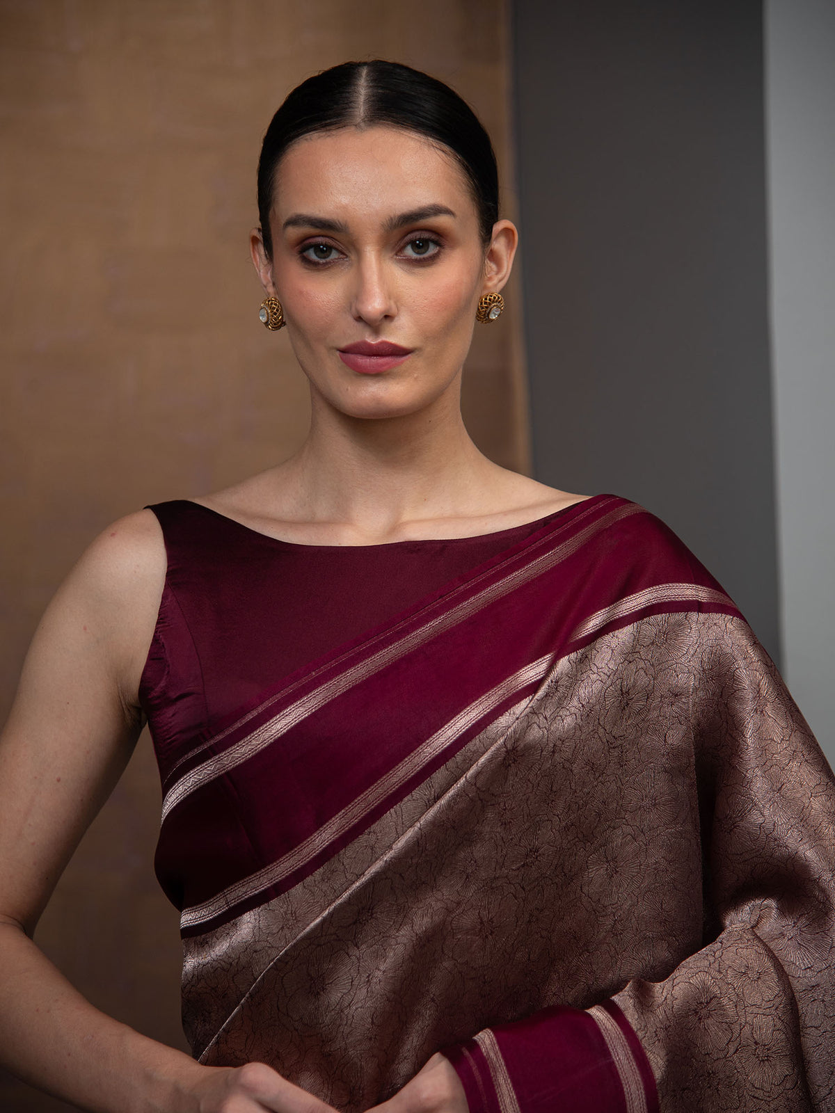 Wine Silk Brocade Handloom Banarasi Saree