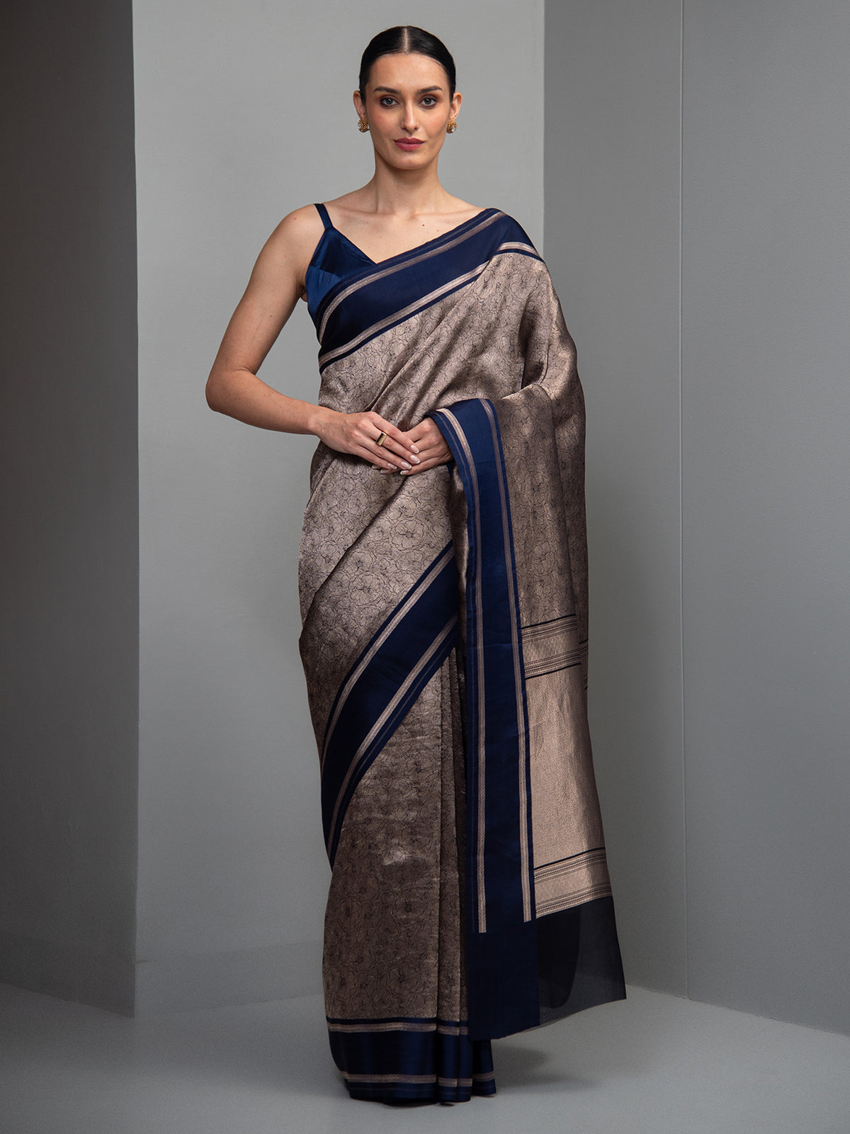 Navy Blue Silk Brocade Handloom Banarasi Saree