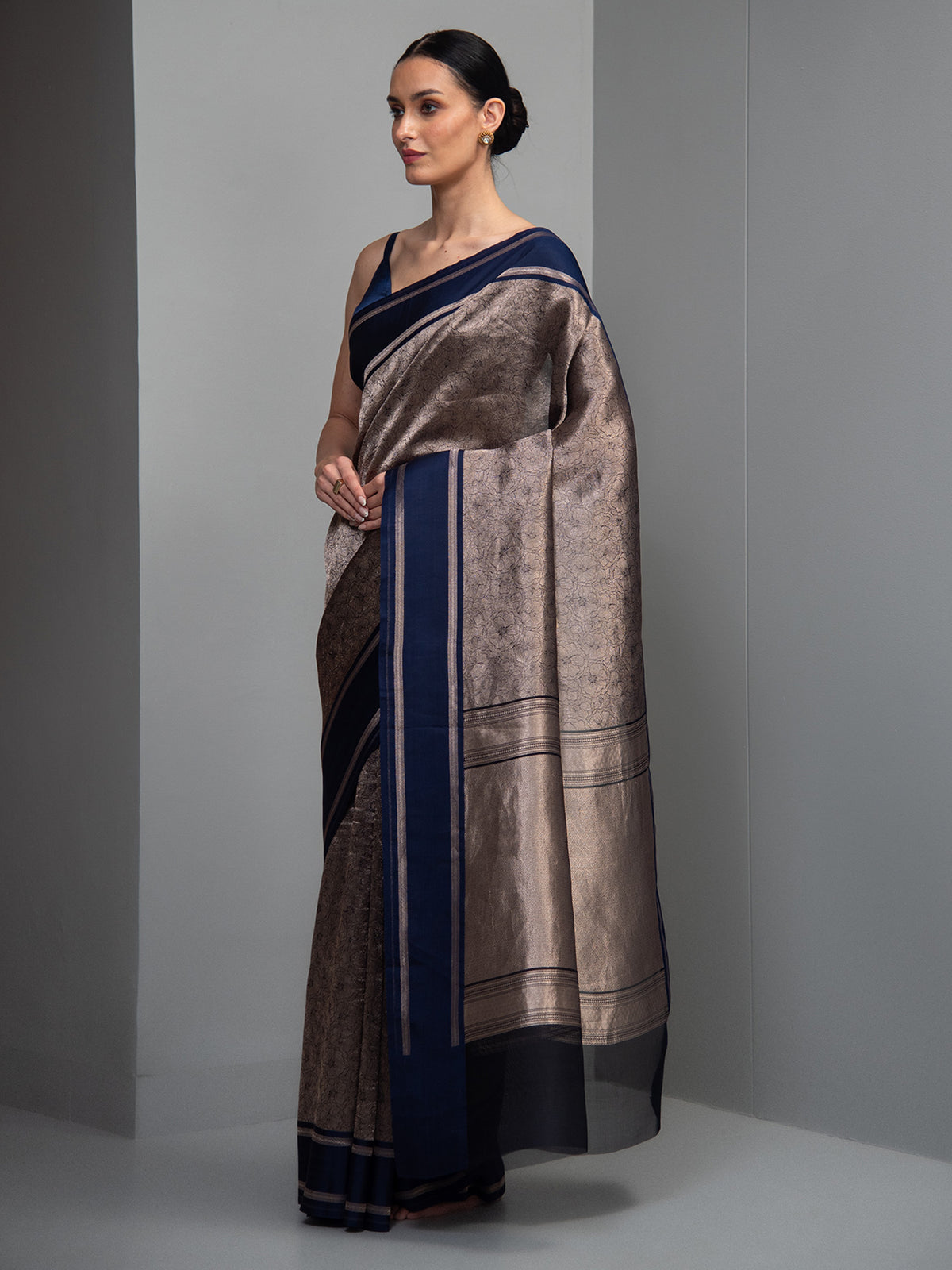 Navy Blue Silk Brocade Handloom Banarasi Saree