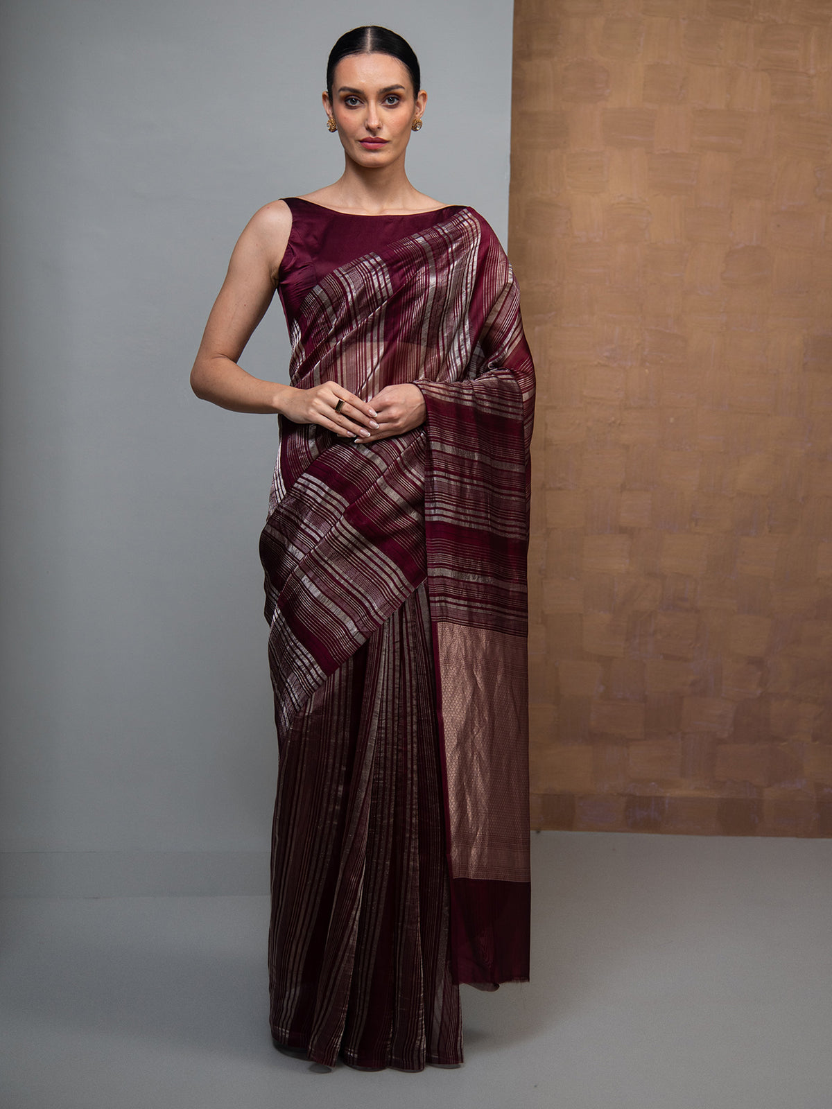 Wine Stripe Silk Handloom Banarasi Saree