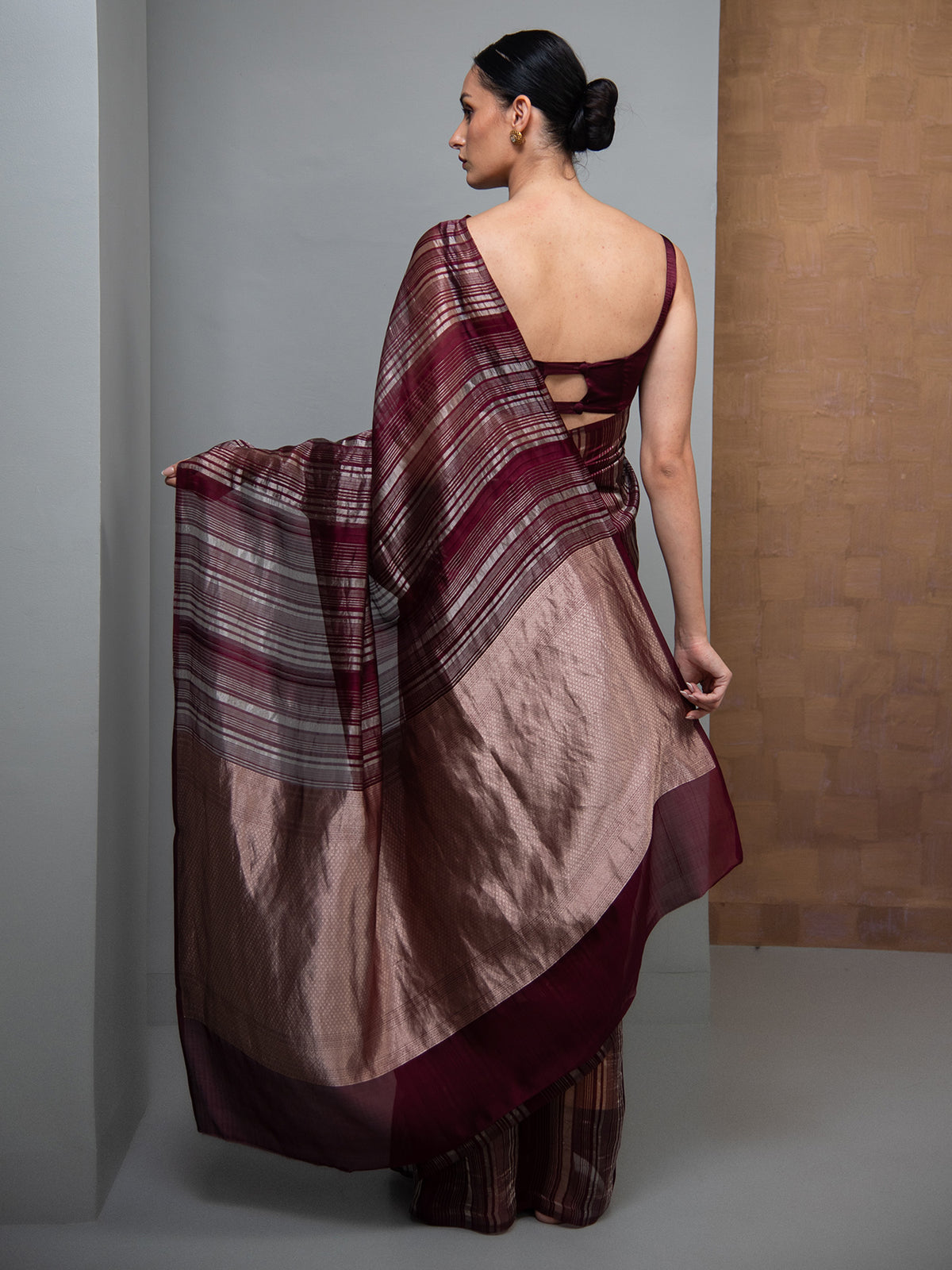 Wine Stripe Silk Handloom Banarasi Saree