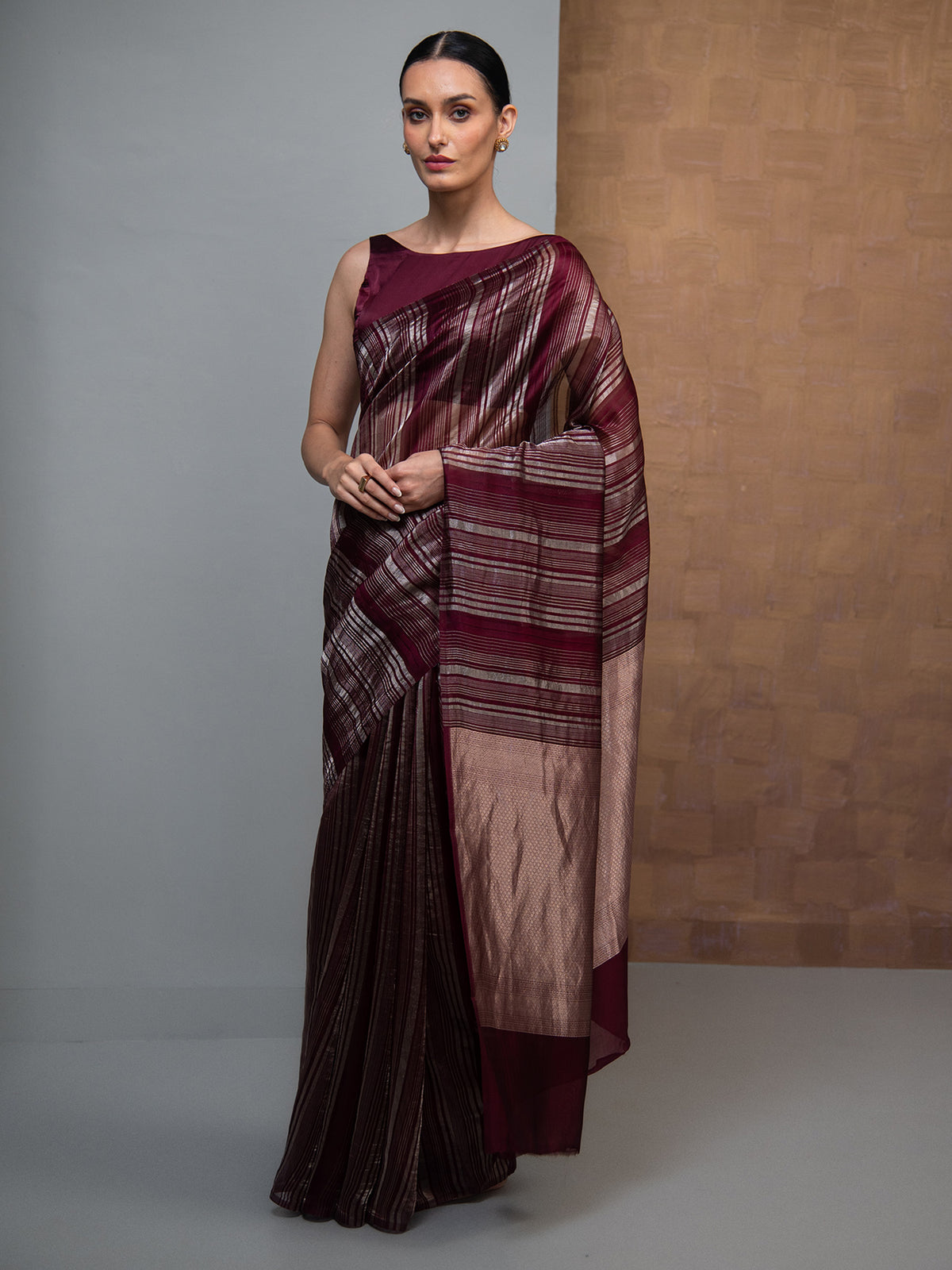 Wine Stripe Silk Handloom Banarasi Saree