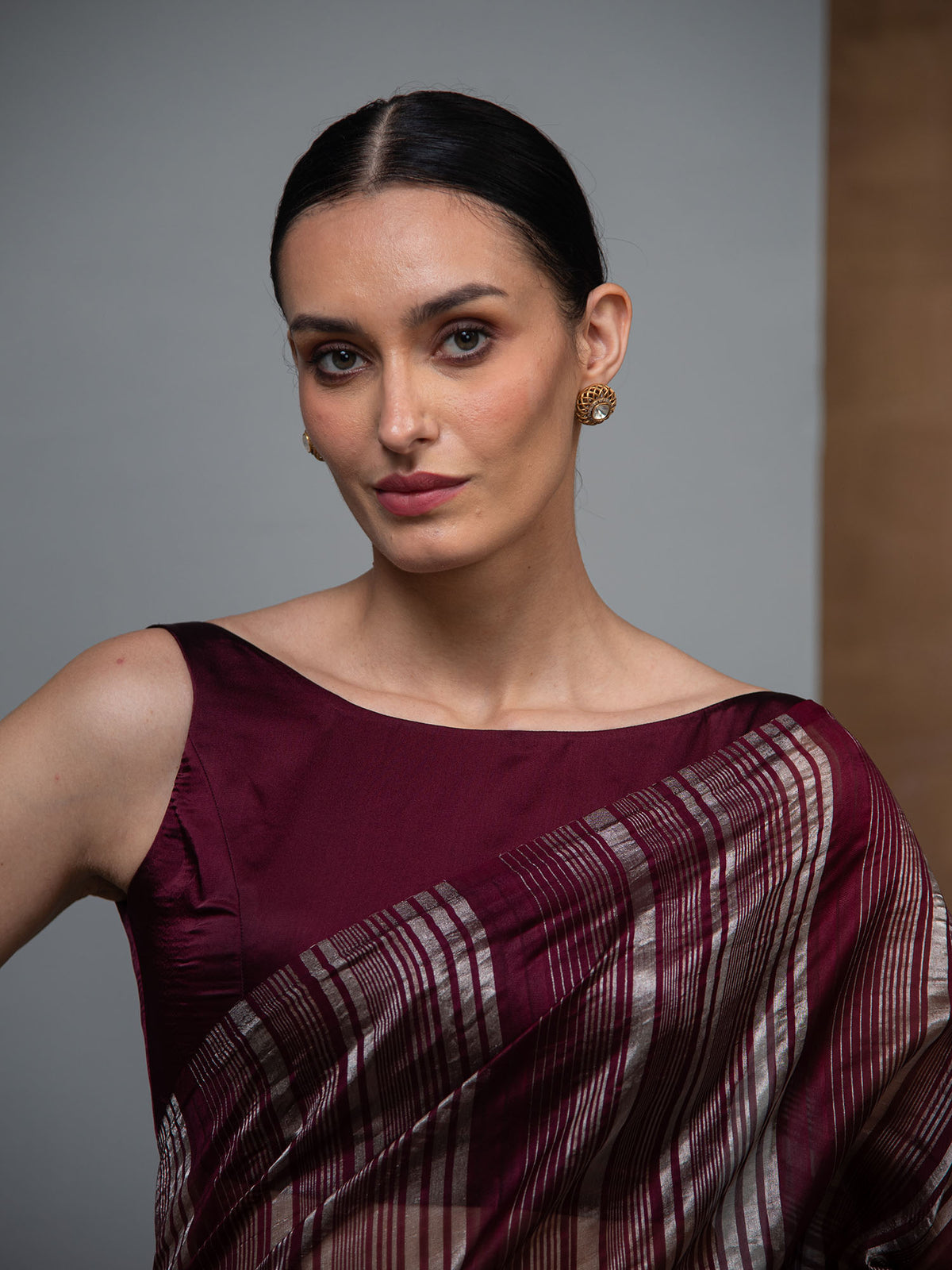 Wine Stripe Silk Handloom Banarasi Saree