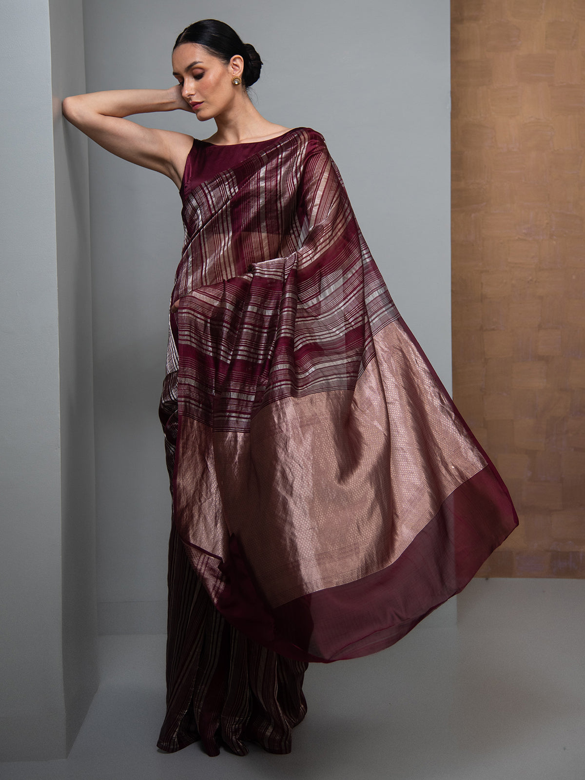 Wine Stripe Silk Handloom Banarasi Saree