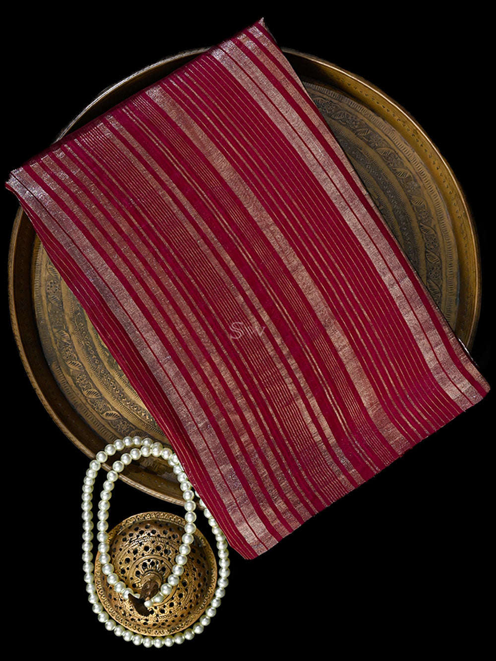 Dark Magenta Stripe Silk Handloom Banarasi Saree