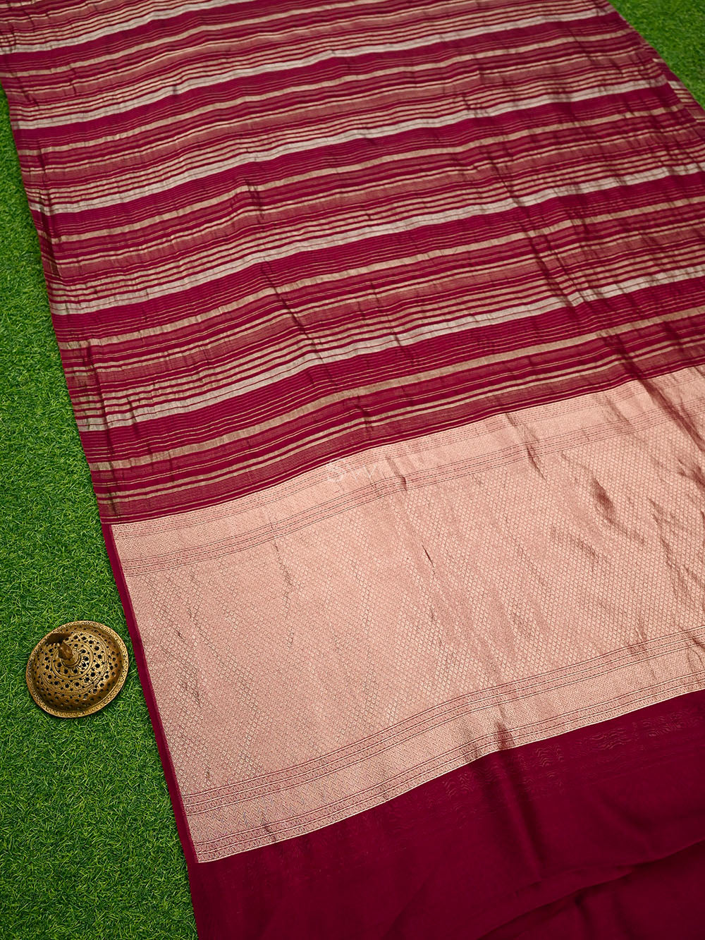 Dark Magenta Stripe Silk Handloom Banarasi Saree