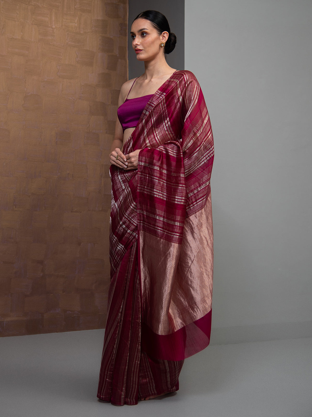 Dark Magenta Stripe Silk Handloom Banarasi Saree