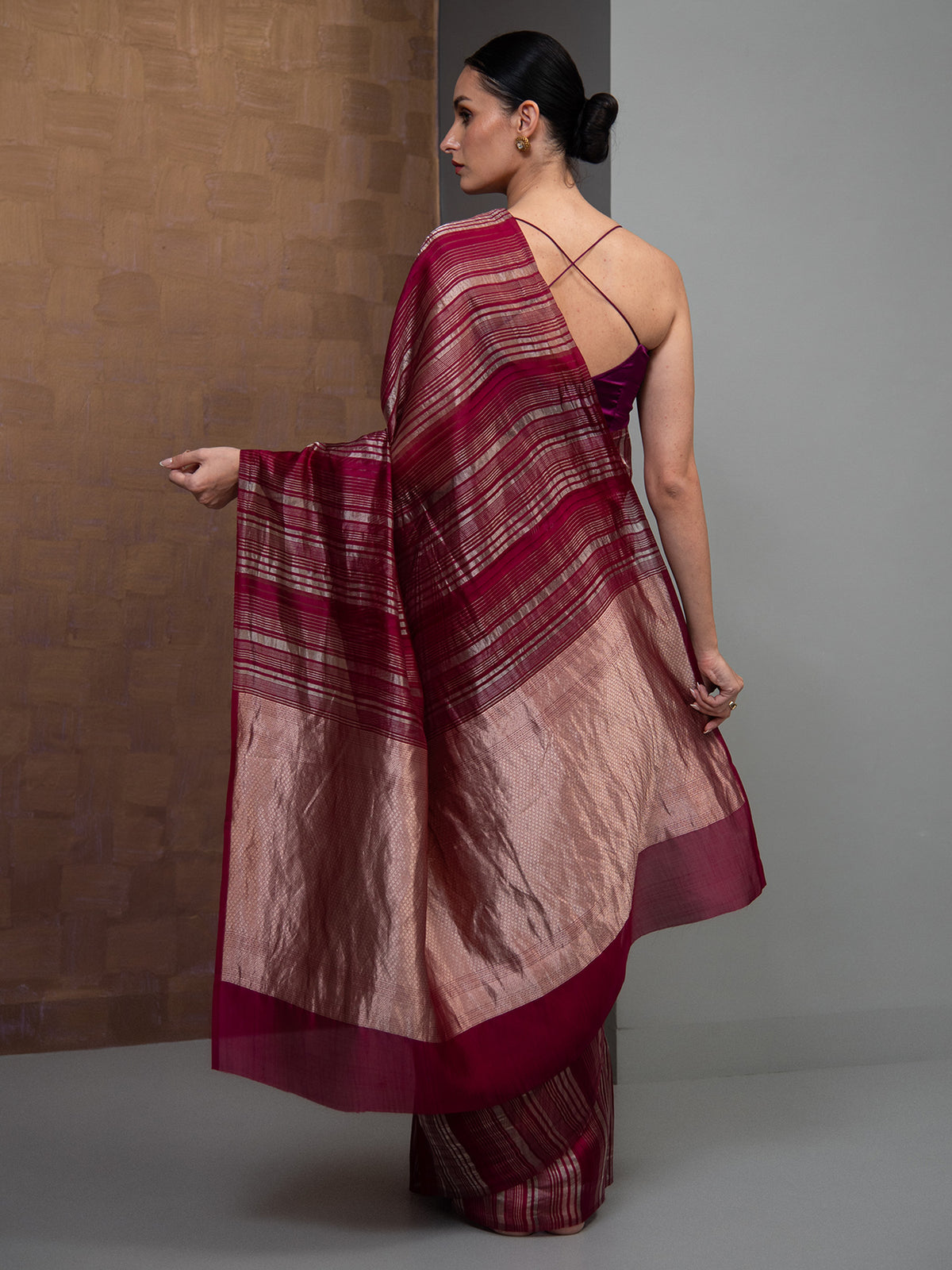 Dark Magenta Stripe Silk Handloom Banarasi Saree