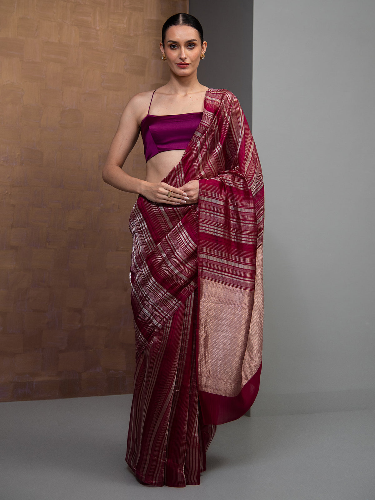 Dark Magenta Stripe Silk Handloom Banarasi Saree