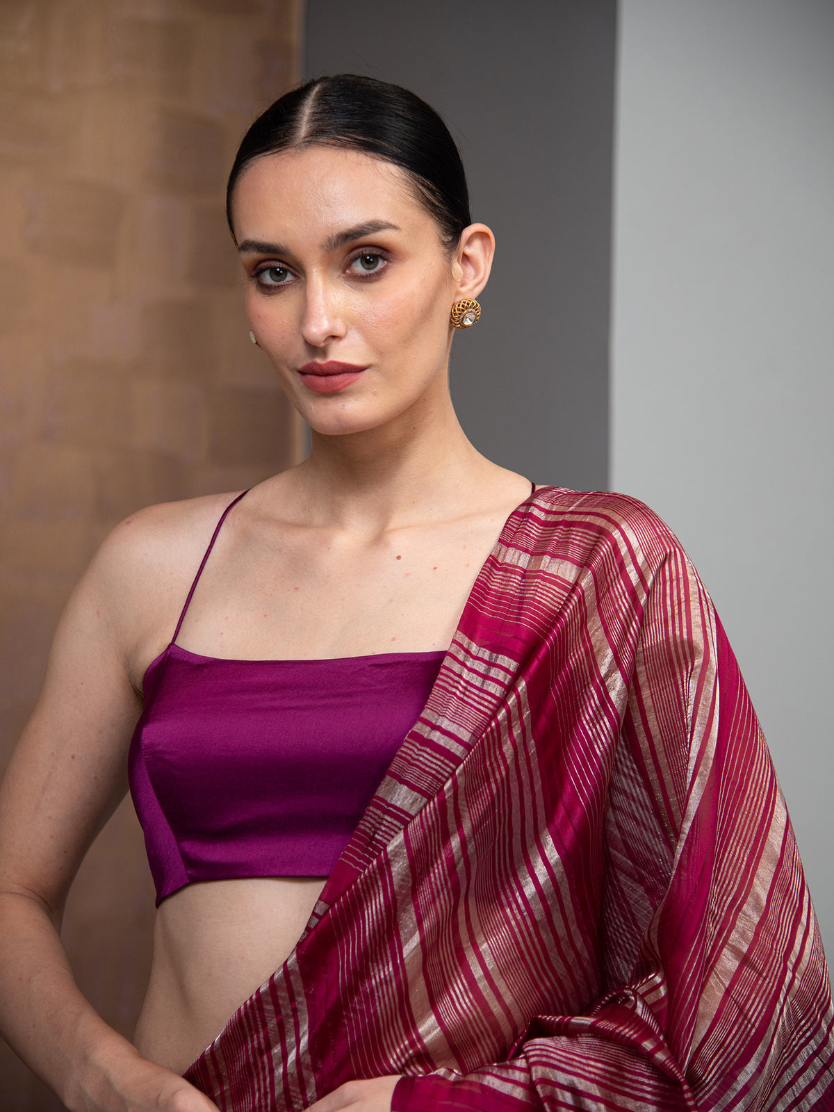 Dark Magenta Stripe Silk Handloom Banarasi Saree