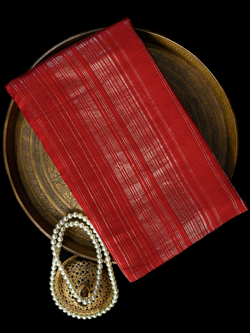 Dark Red Stripe Silk Handloom Banarasi Saree