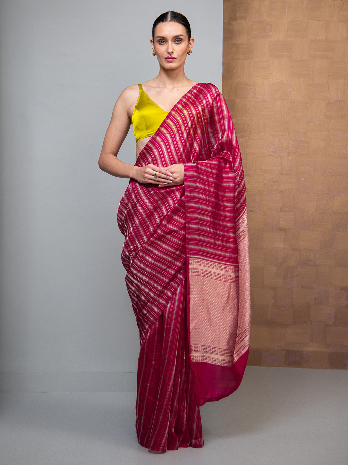 Dark Pink Stripe Silk Handloom Banarasi Saree