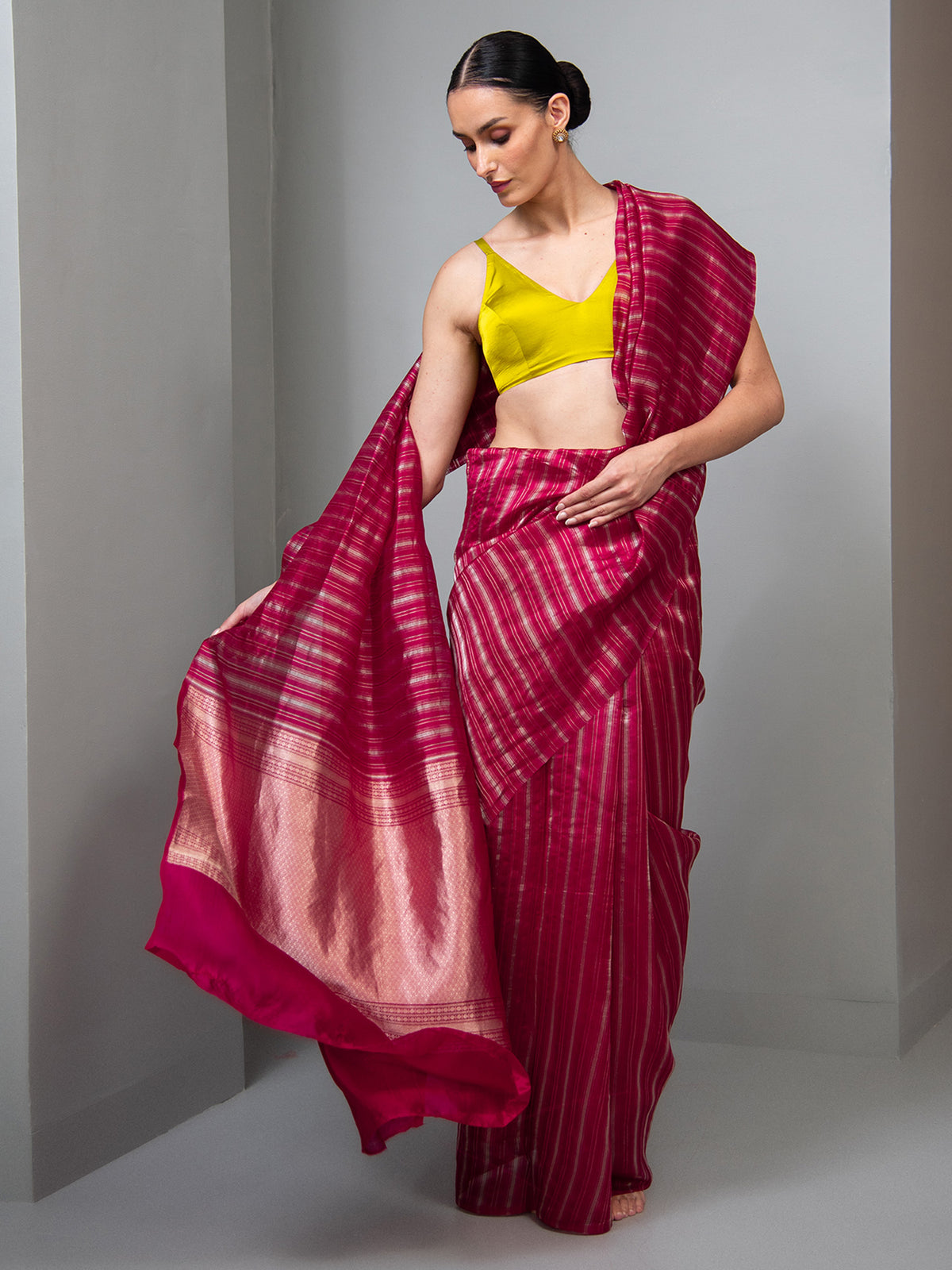 Dark Pink Stripe Silk Handloom Banarasi Saree