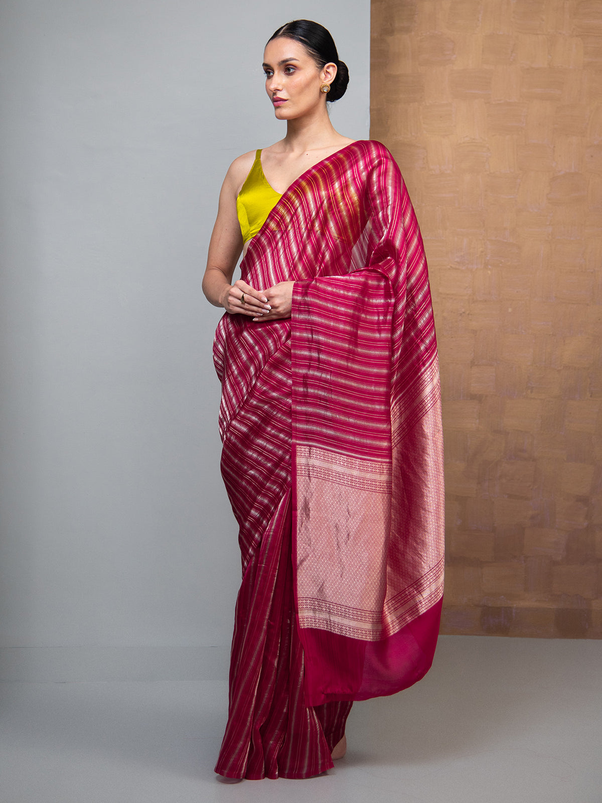 Dark Pink Stripe Silk Handloom Banarasi Saree