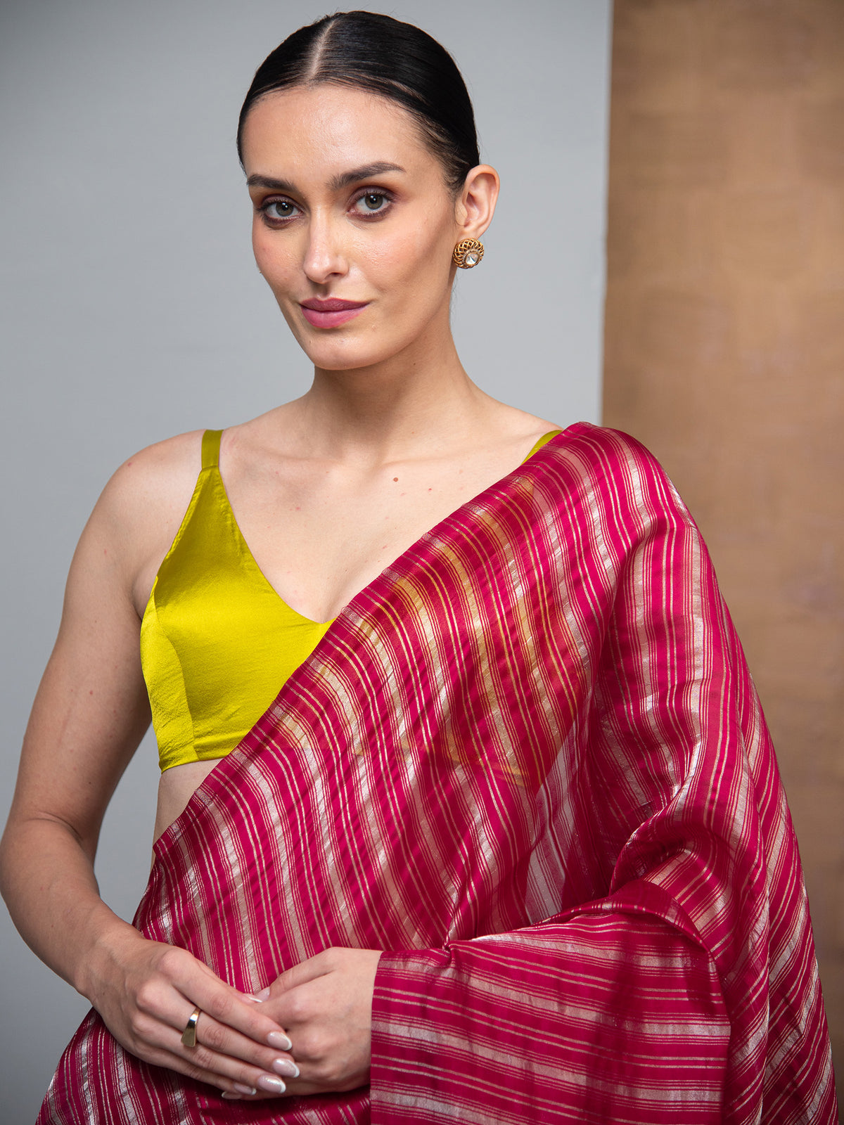 Dark Pink Stripe Silk Handloom Banarasi Saree