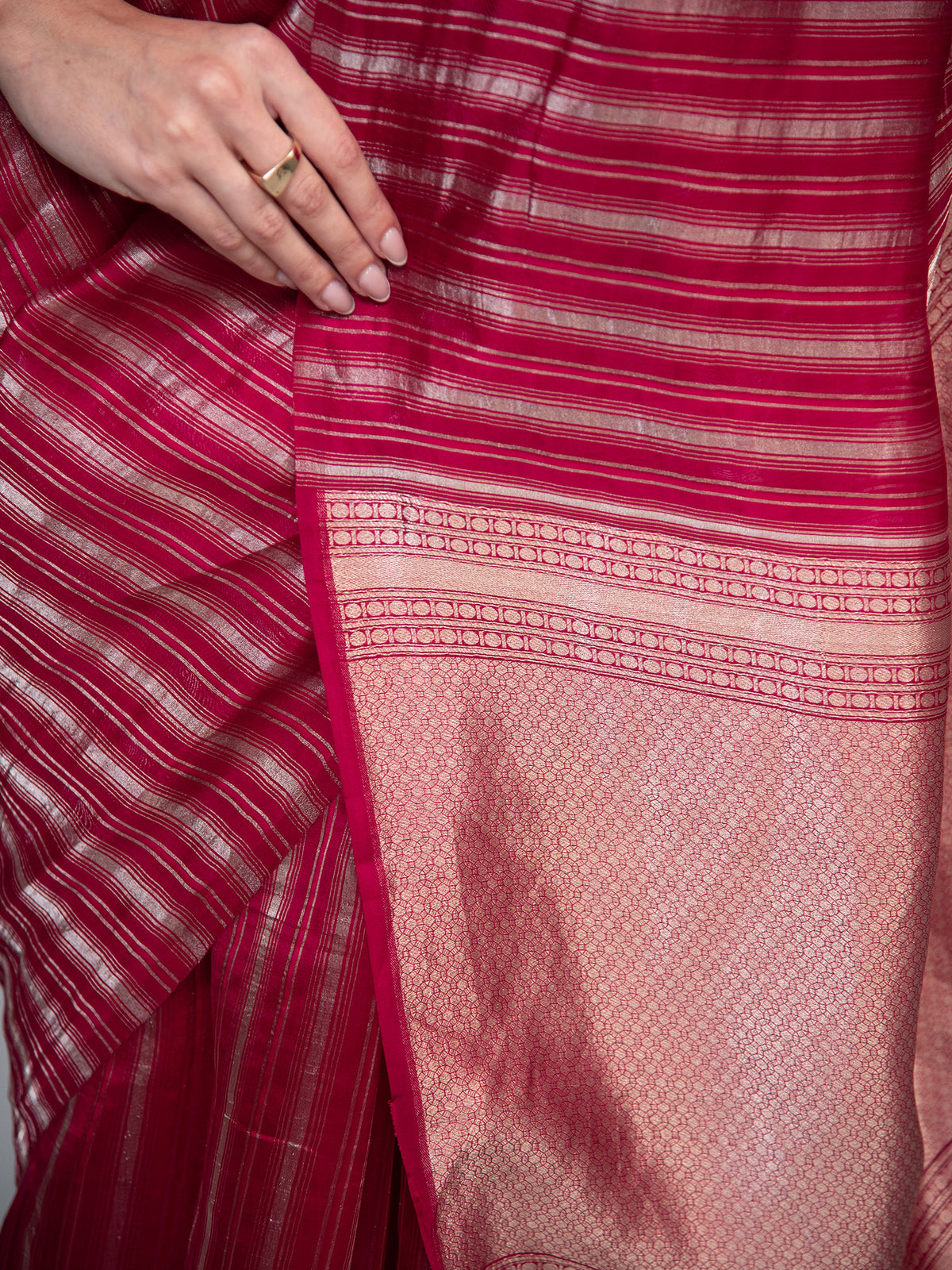 Dark Pink Stripe Silk Handloom Banarasi Saree