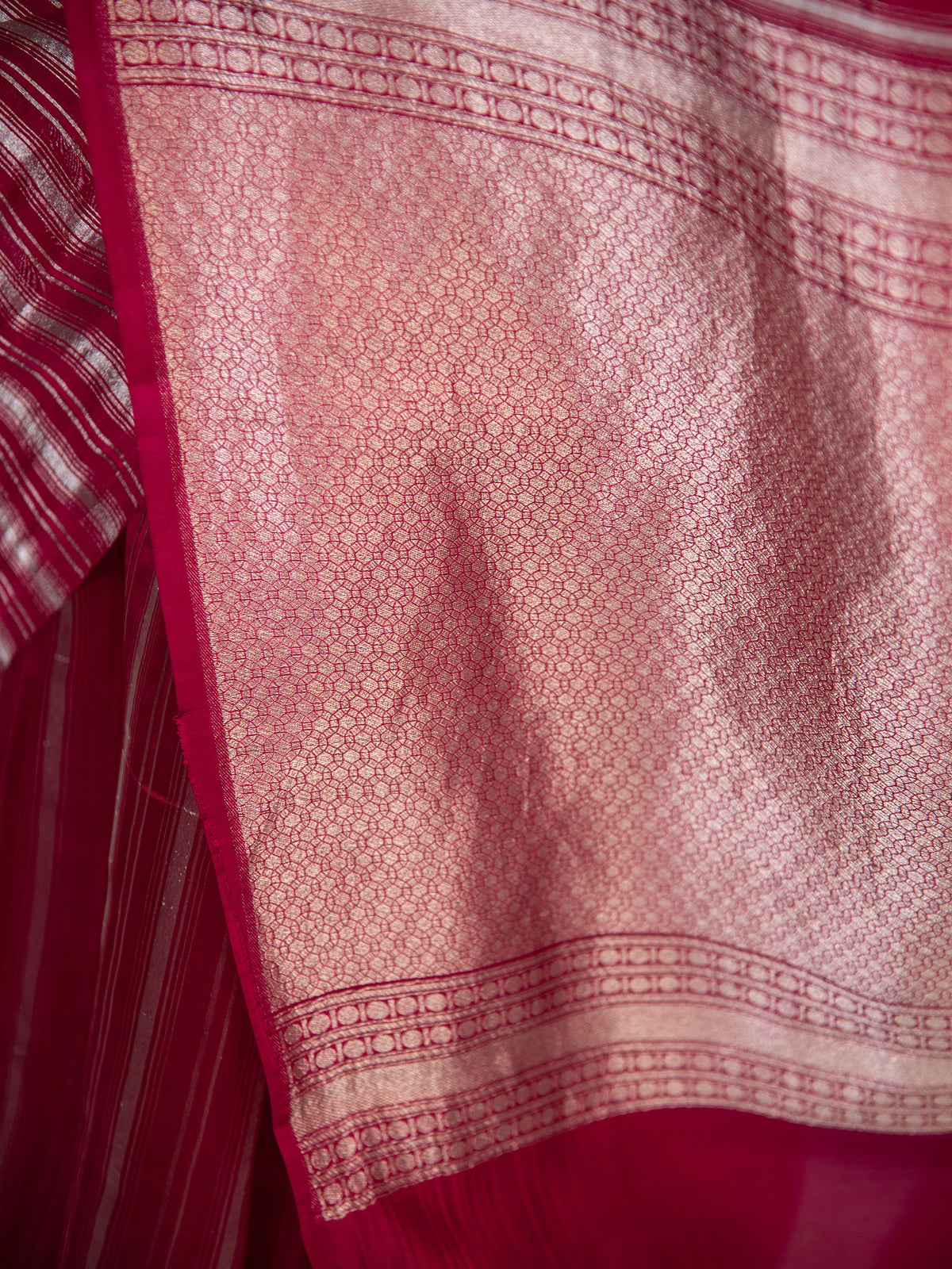 Dark Pink Stripe Silk Handloom Banarasi Saree