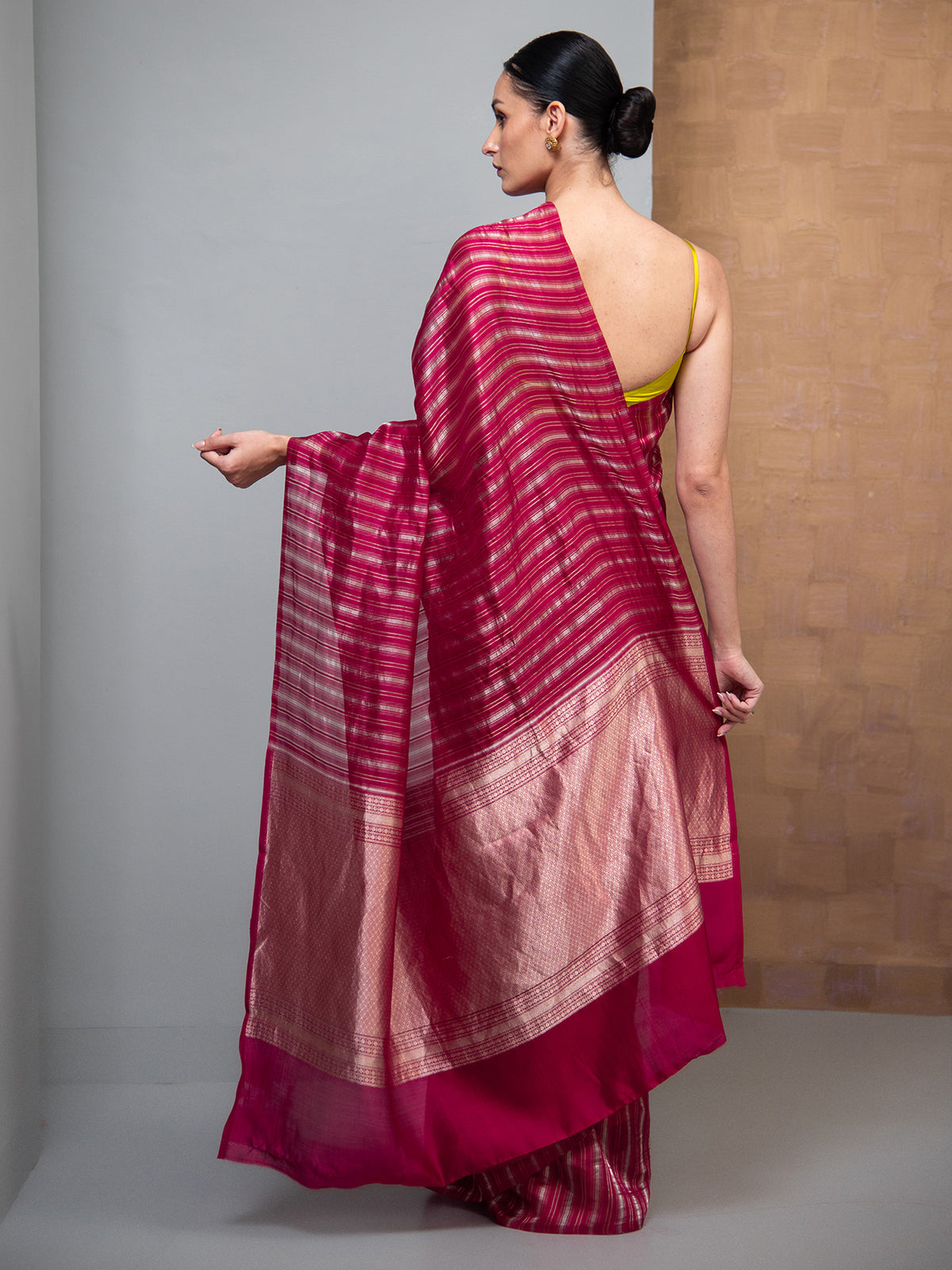 Dark Pink Stripe Silk Handloom Banarasi Saree