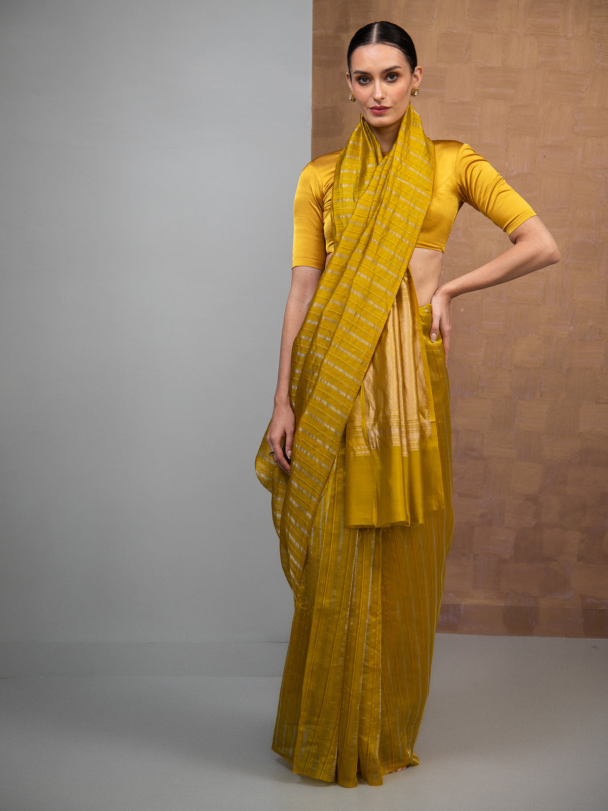 Lime Green Stripe Silk Handloom Banarasi Saree