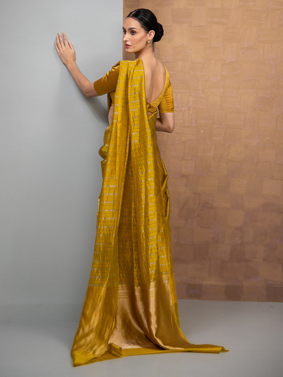 Lime Green Stripe Silk Handloom Banarasi Saree