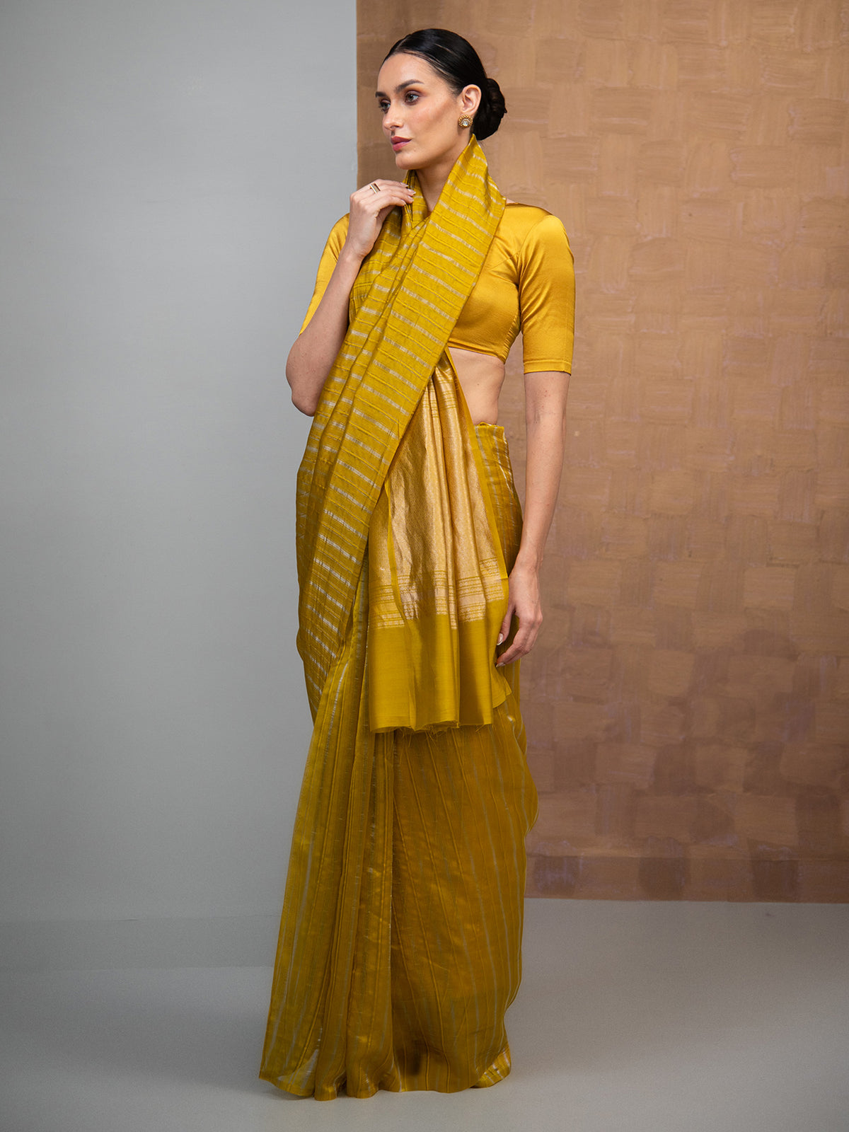 Lime Green Stripe Silk Handloom Banarasi Saree
