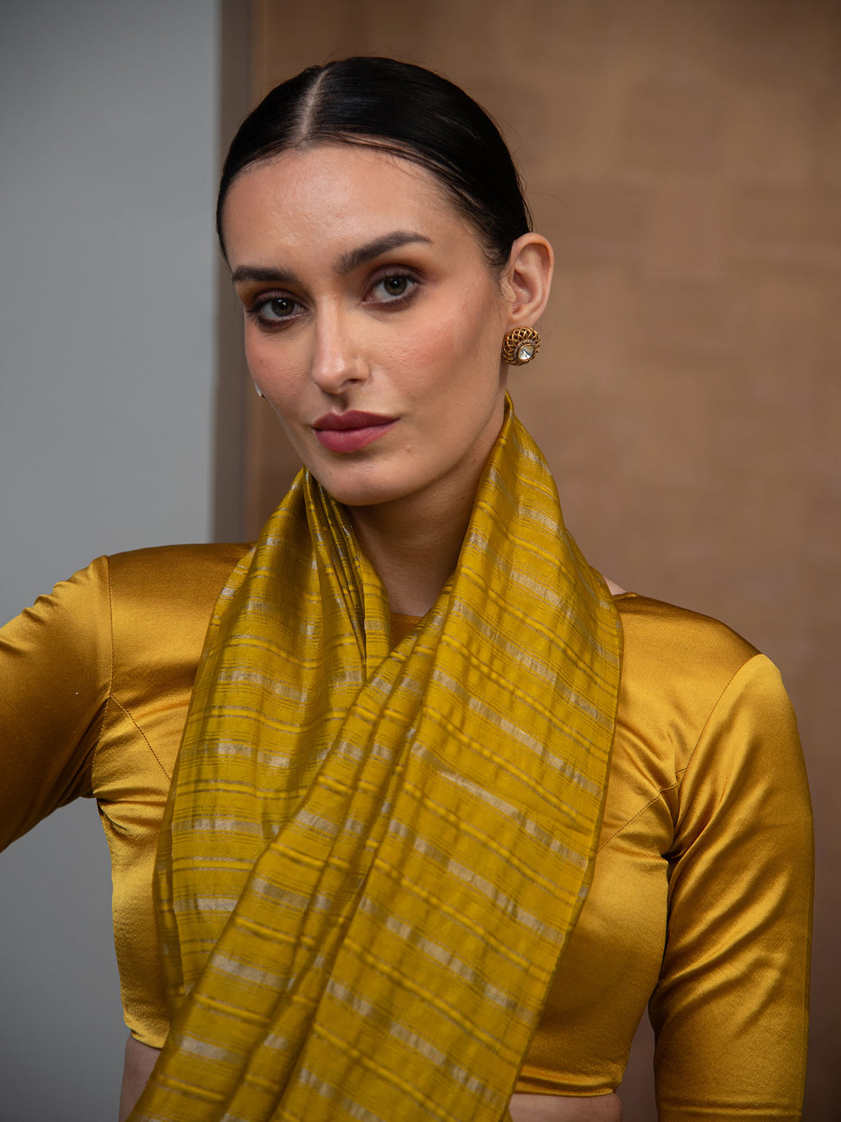 Lime Green Stripe Silk Handloom Banarasi Saree
