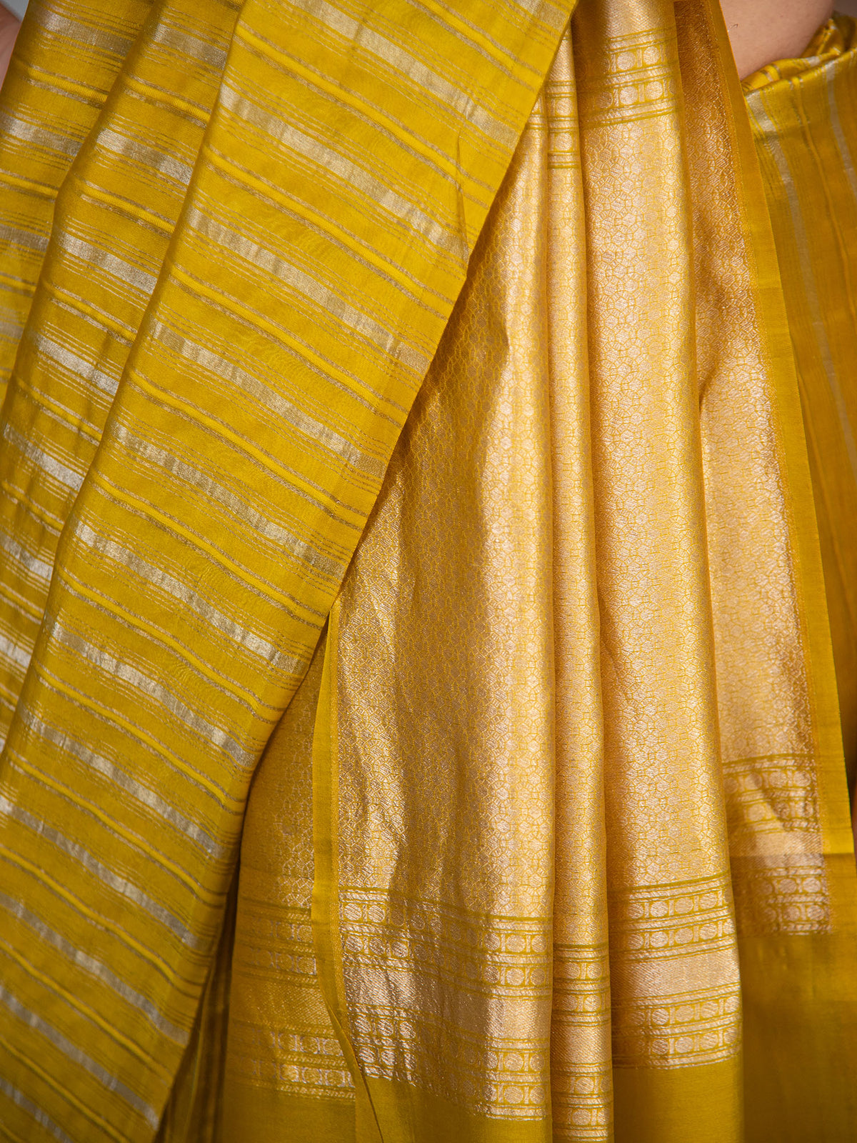 Lime Green Stripe Silk Handloom Banarasi Saree