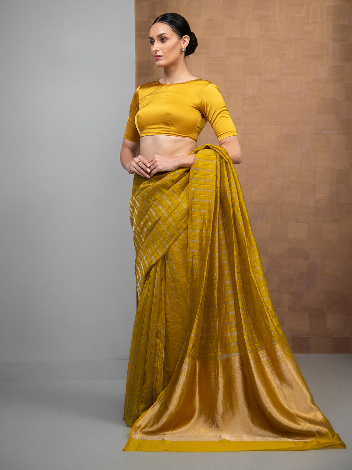 Lime Green Stripe Silk Handloom Banarasi Saree