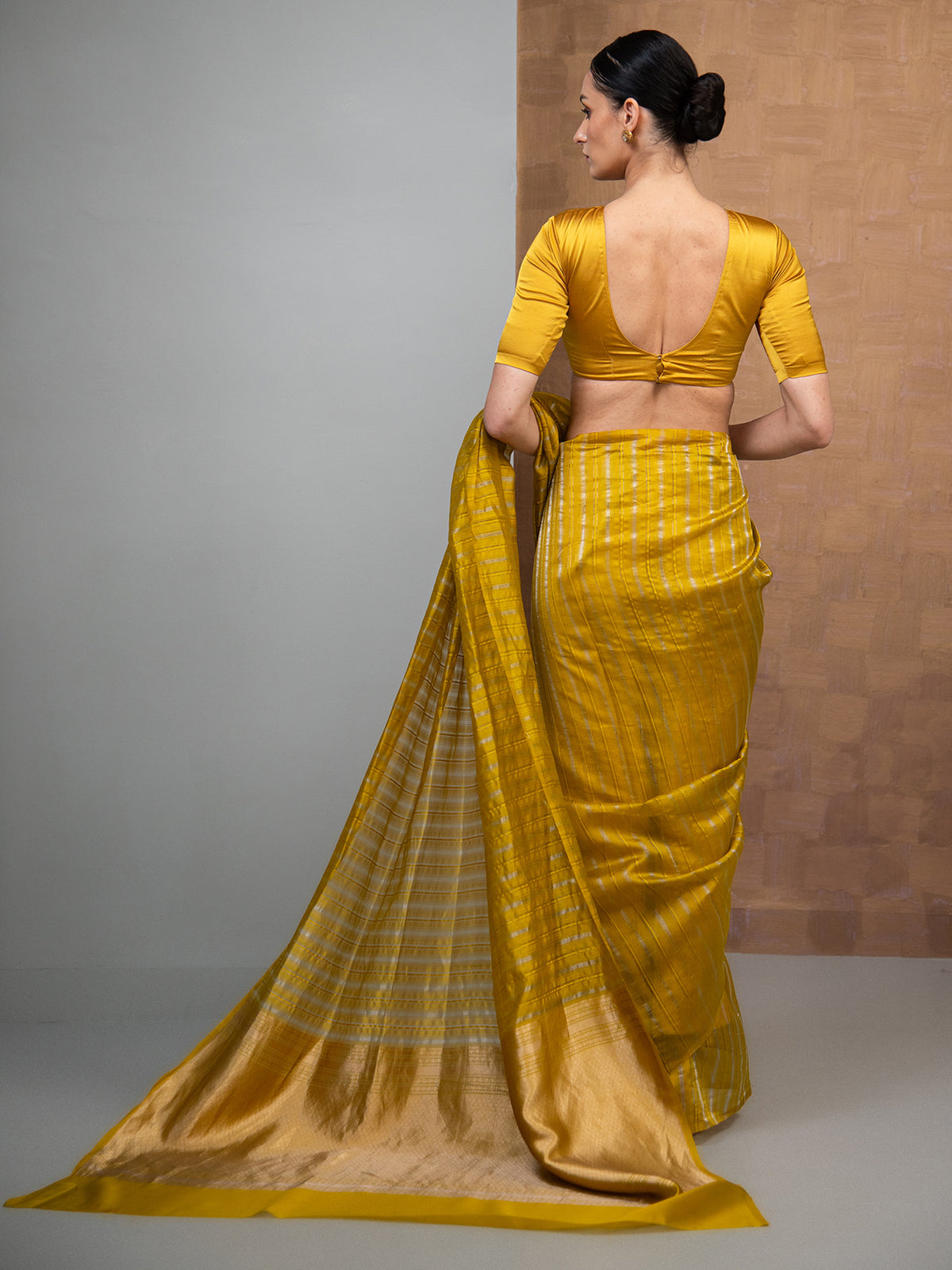 Lime Green Stripe Silk Handloom Banarasi Saree