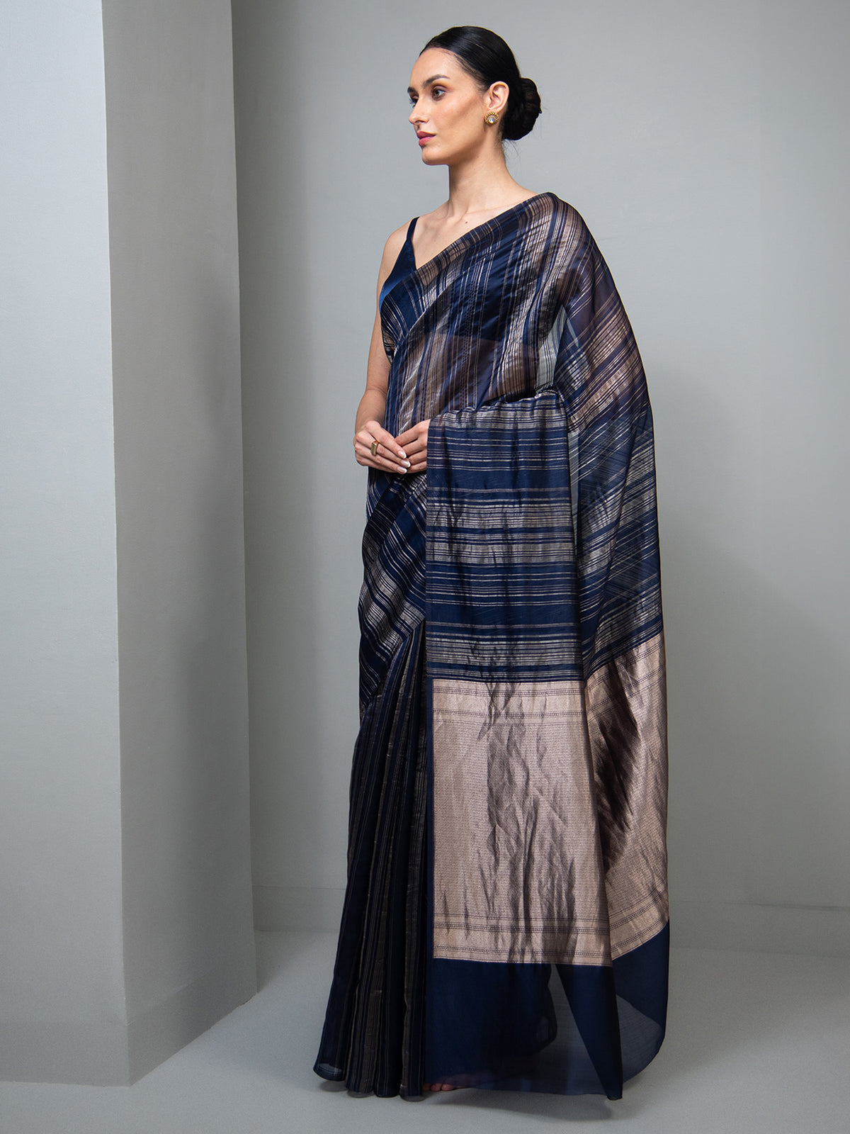 Blue Stripe Silk Handloom Banarasi Saree