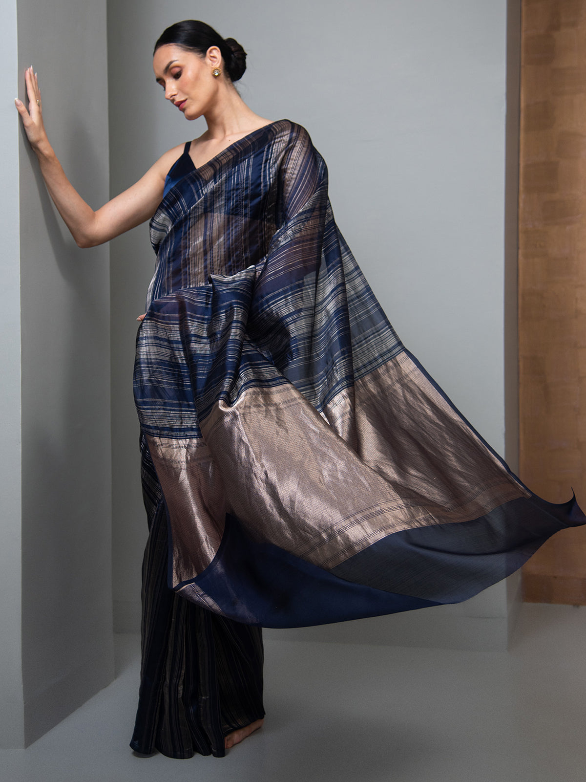 Blue Stripe Silk Handloom Banarasi Saree