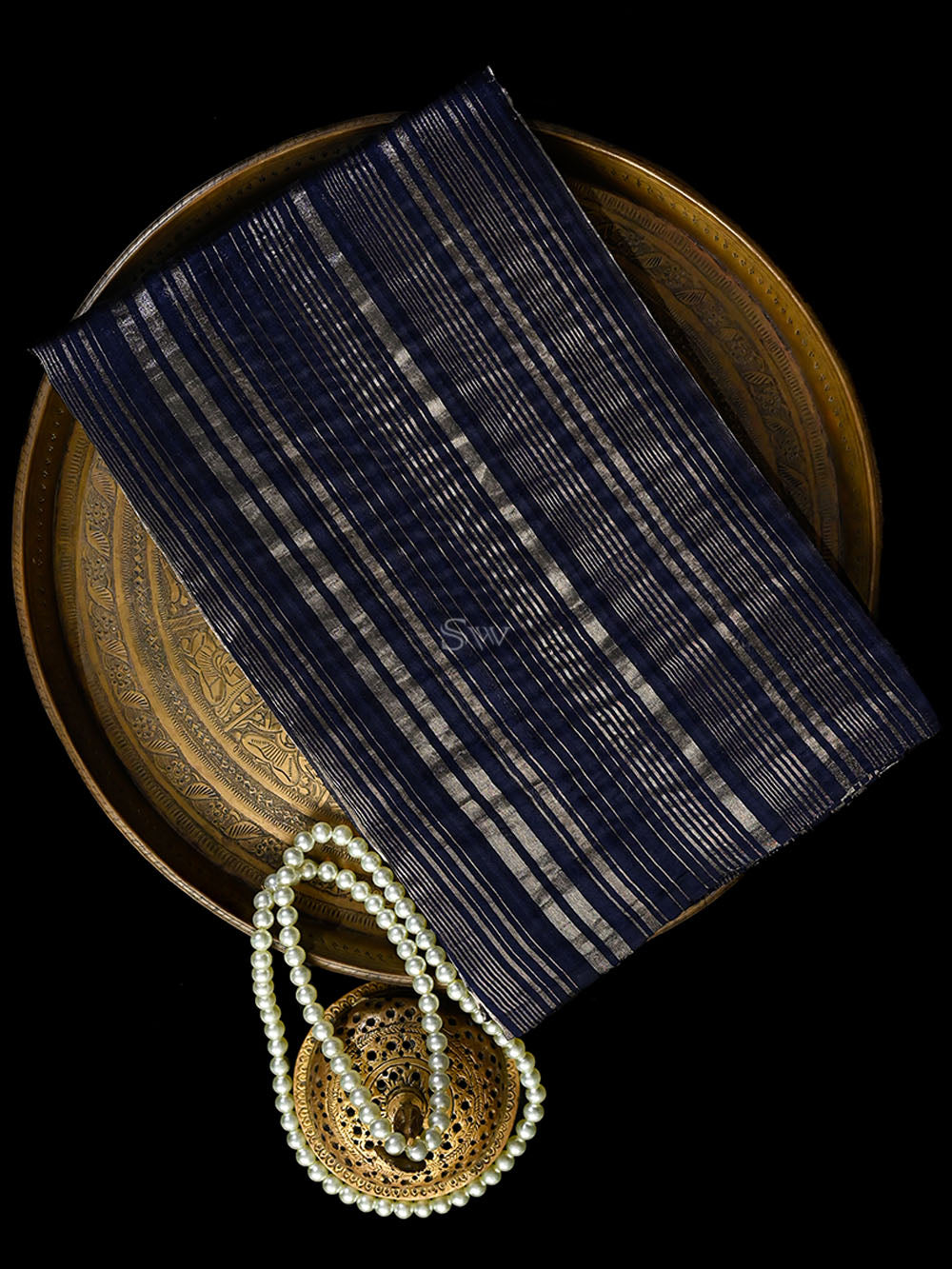 Navy Blue Stripe Silk Handloom Banarasi Saree