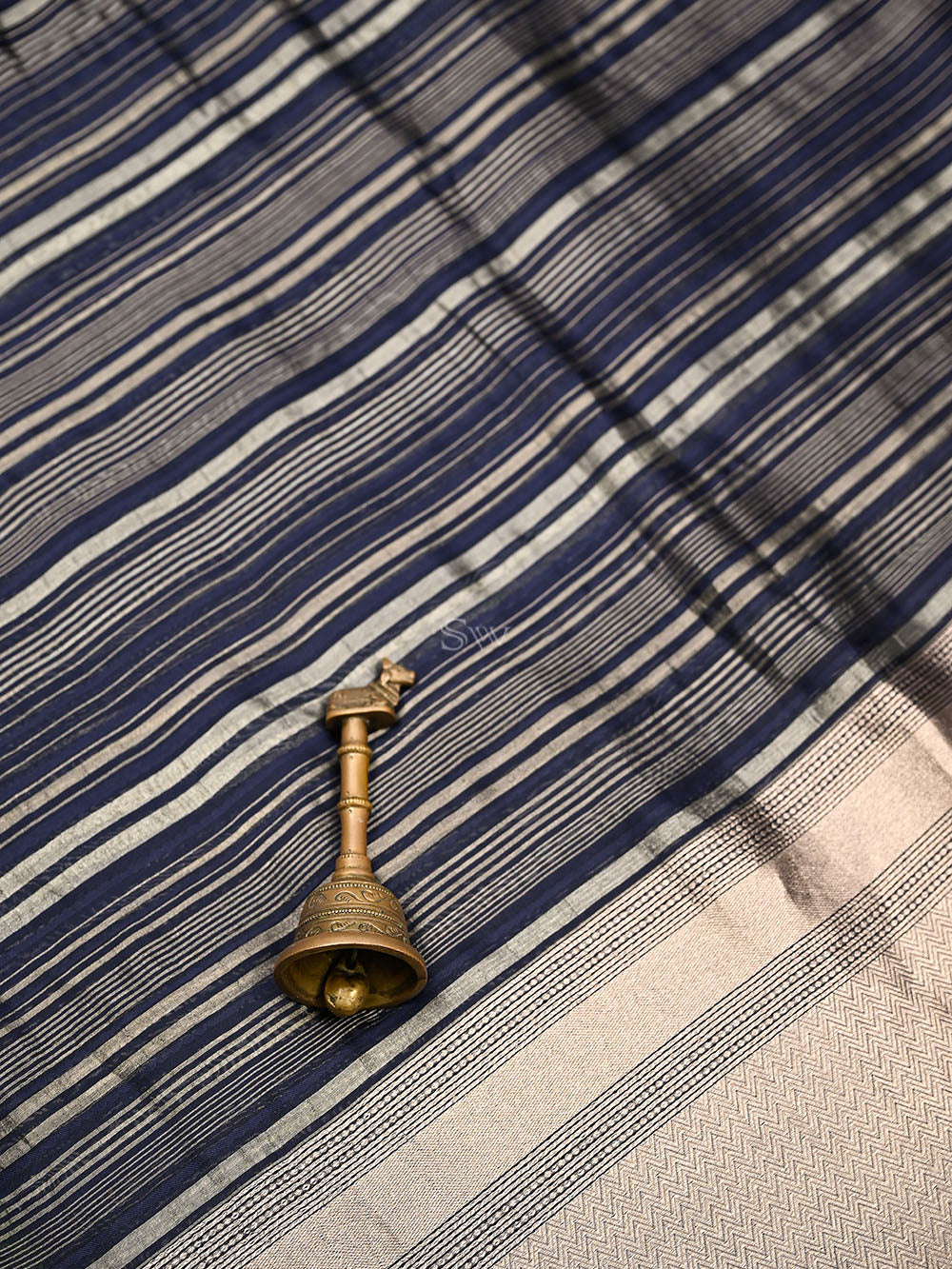 Navy Blue Stripe Silk Handloom Banarasi Saree