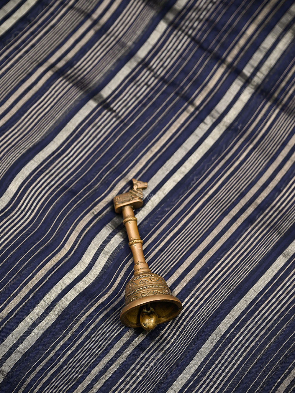 Navy Blue Stripe Silk Handloom Banarasi Saree