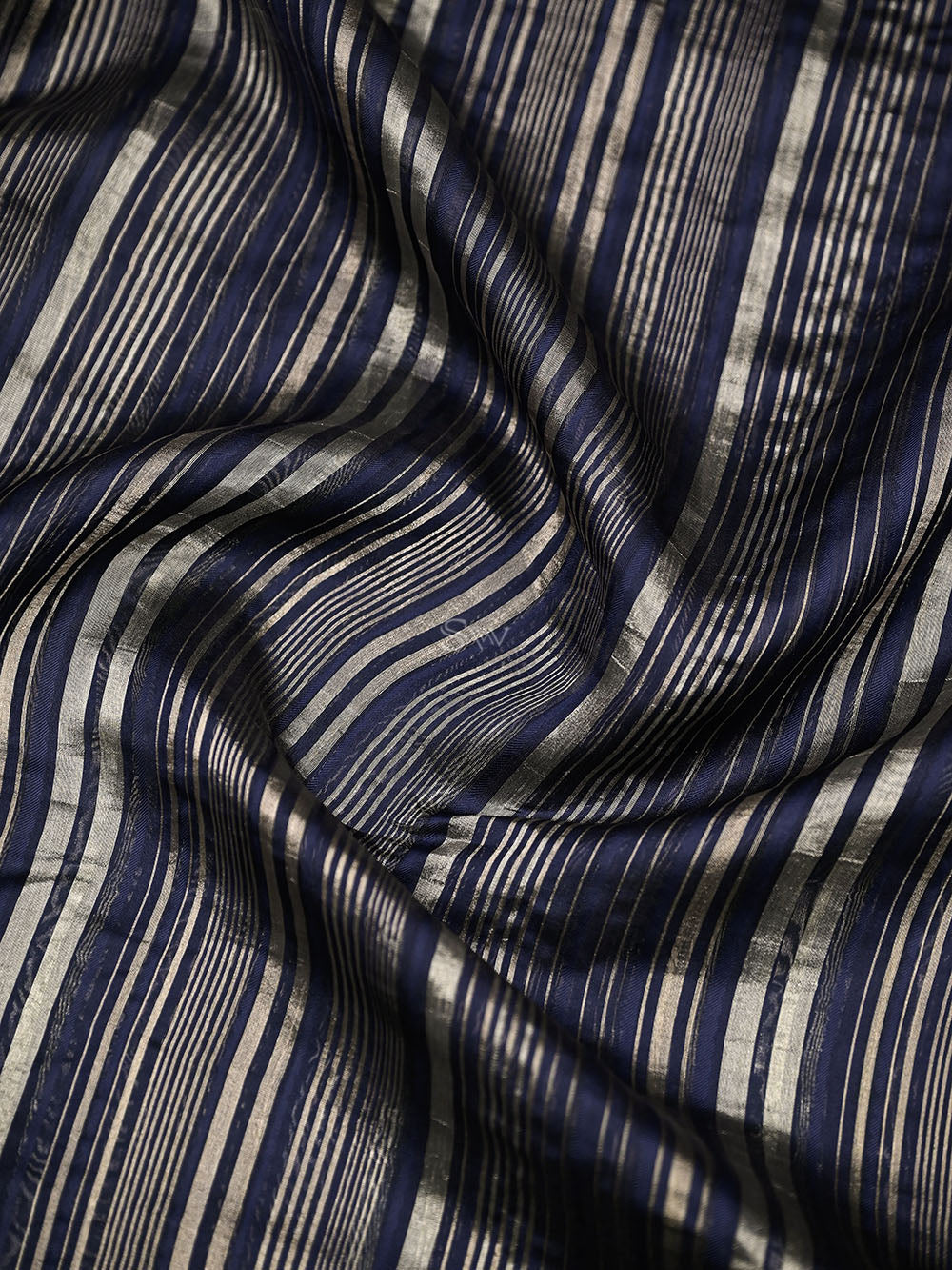 Navy Blue Stripe Silk Handloom Banarasi Saree
