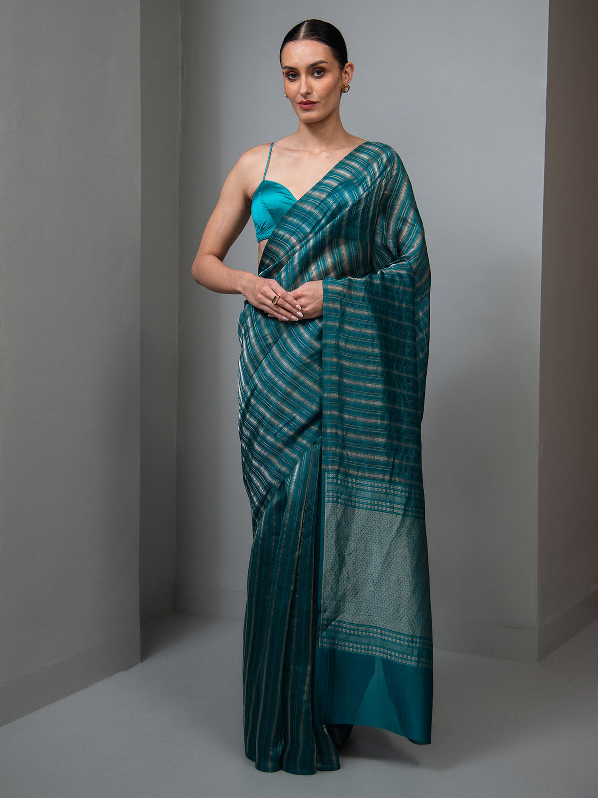 Teal Green Stripe Silk Handloom Banarasi Saree