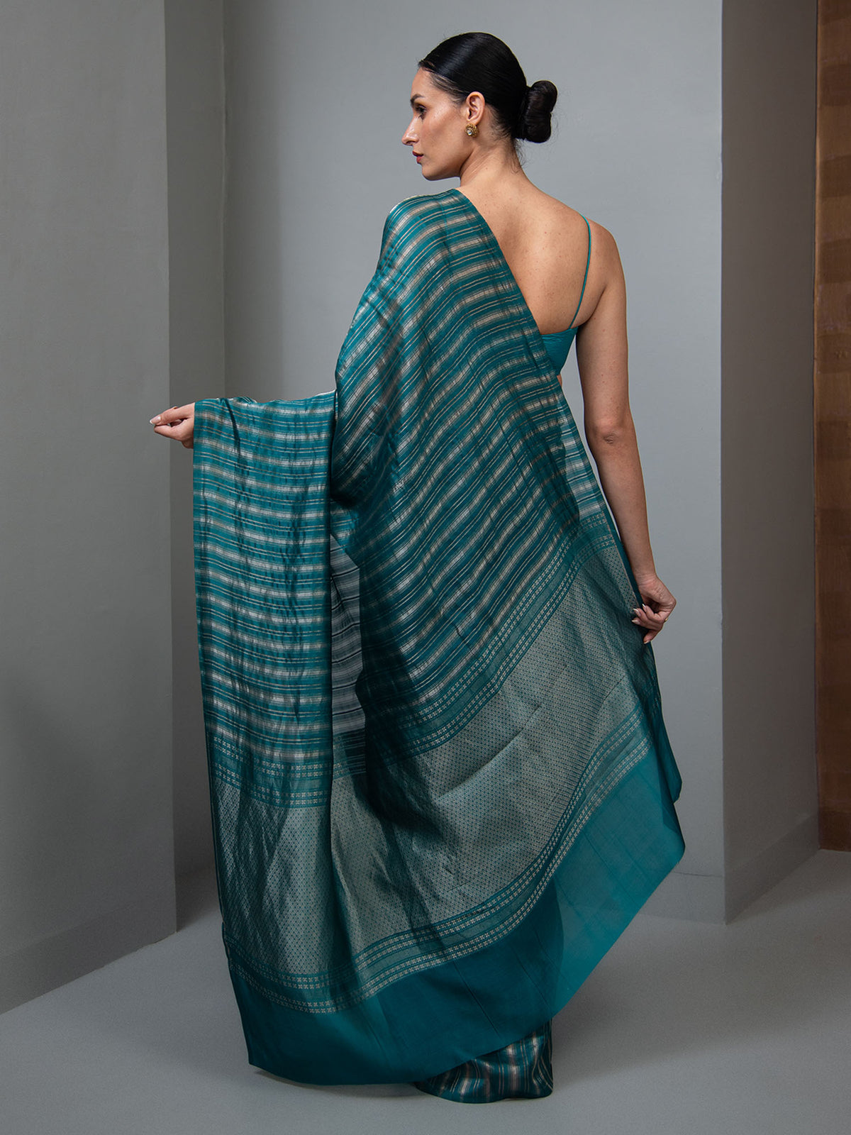 Teal Green Stripe Silk Handloom Banarasi Saree
