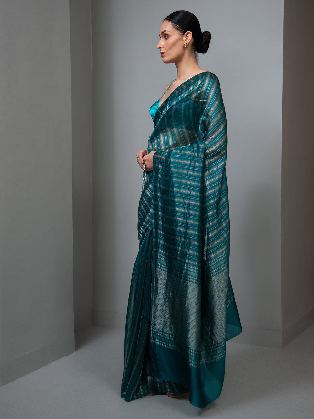 Teal Green Stripe Silk Handloom Banarasi Saree