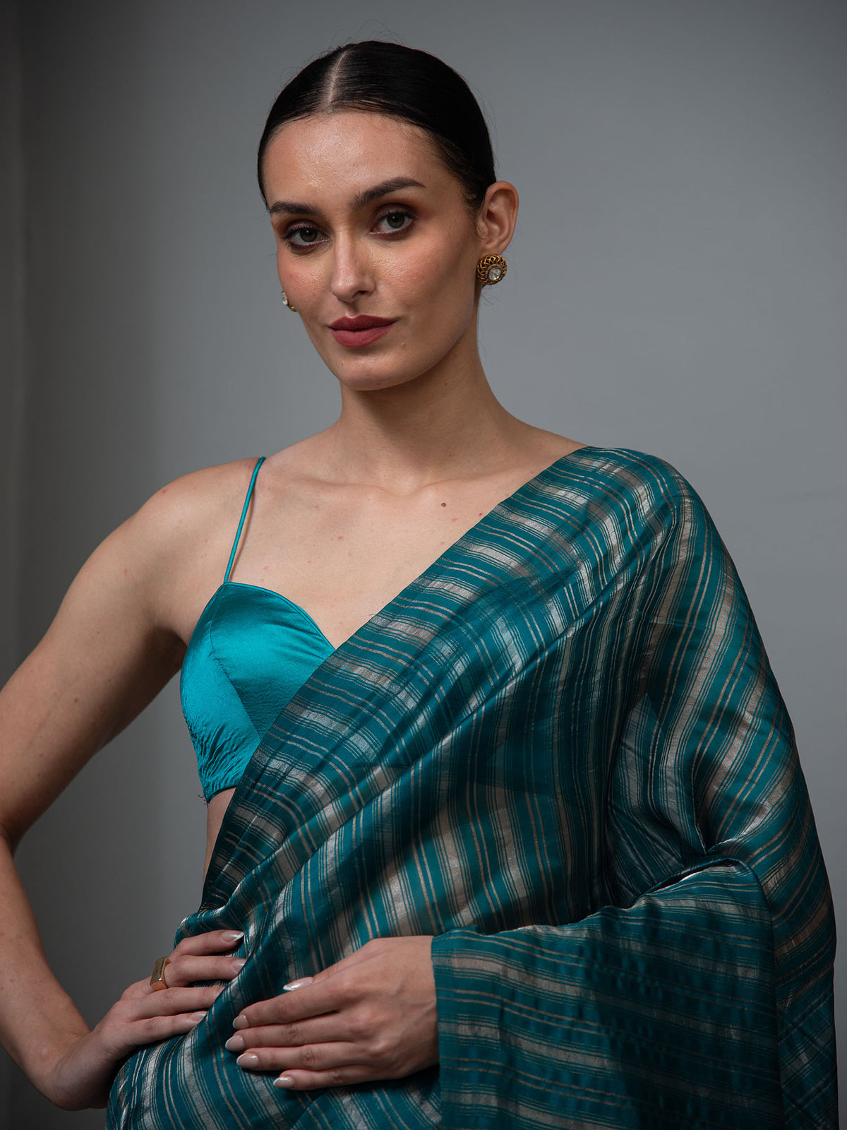 Teal Green Stripe Silk Handloom Banarasi Saree