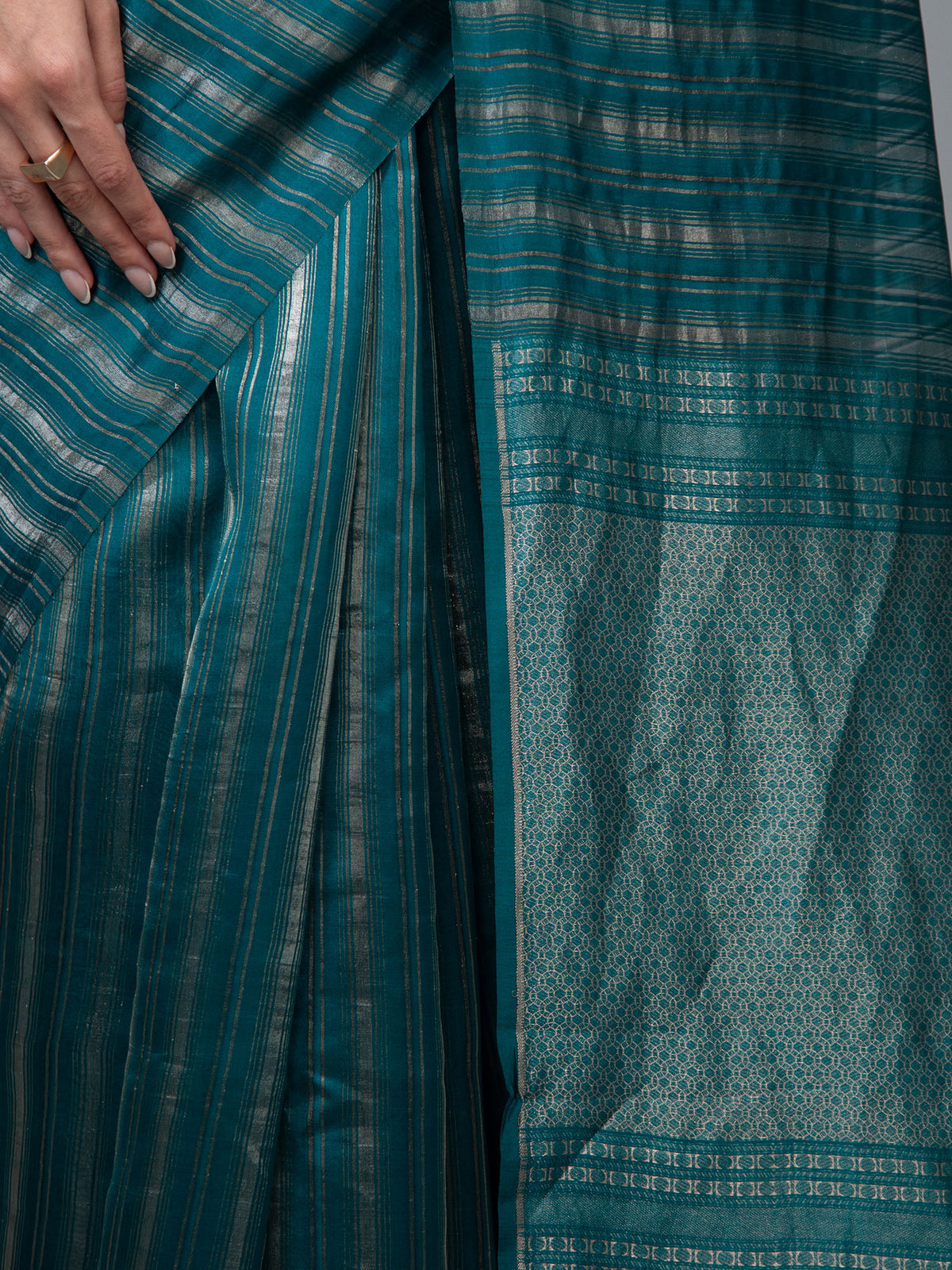 Teal Green Stripe Silk Handloom Banarasi Saree