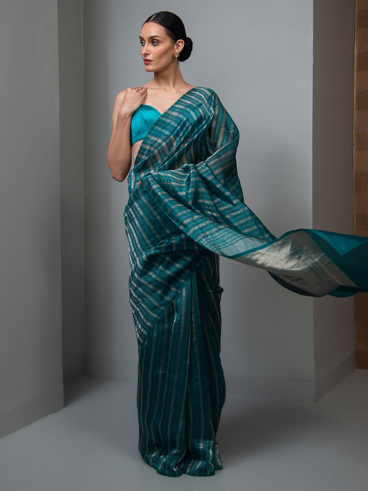 Teal Green Stripe Silk Handloom Banarasi Saree