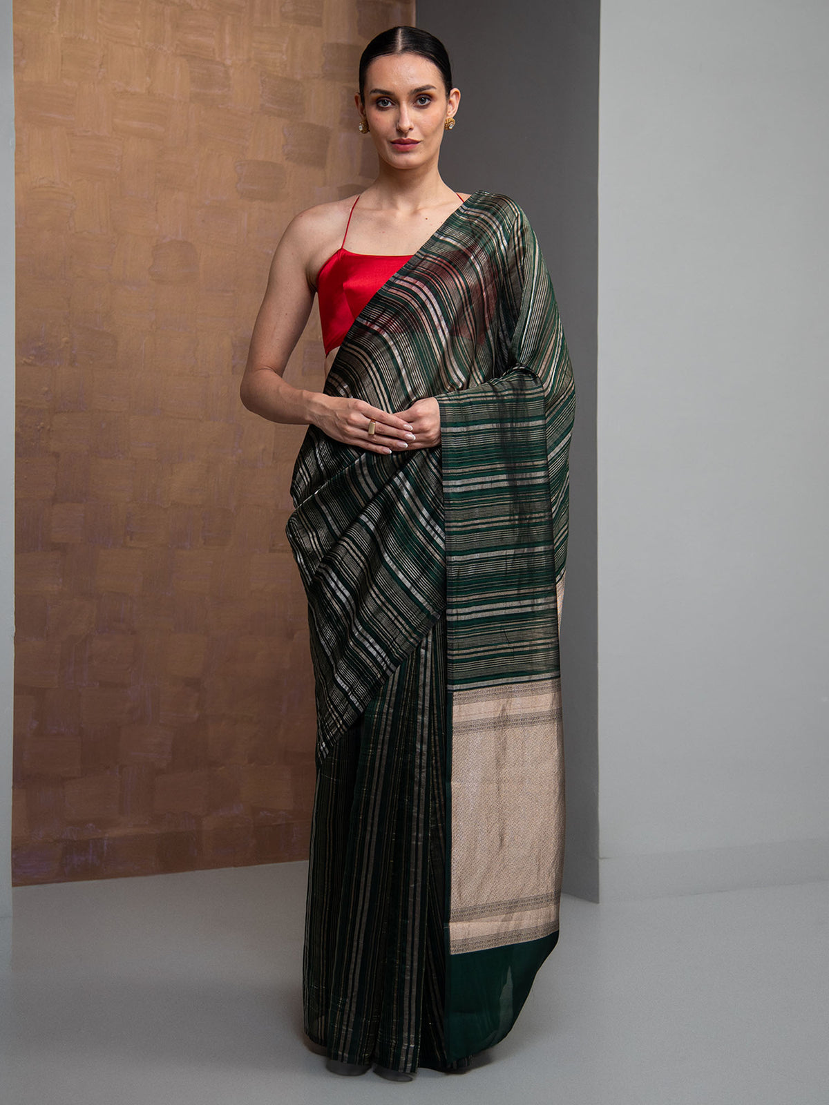 Bottle Green Stripe Silk Handloom Banarasi Saree