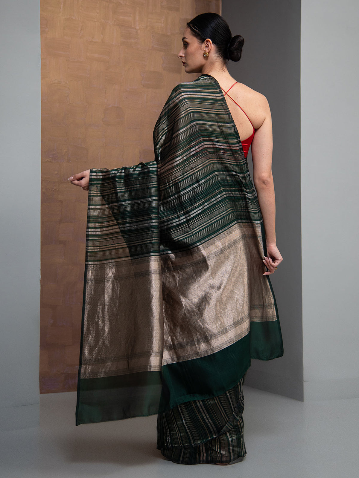 Bottle Green Stripe Silk Handloom Banarasi Saree