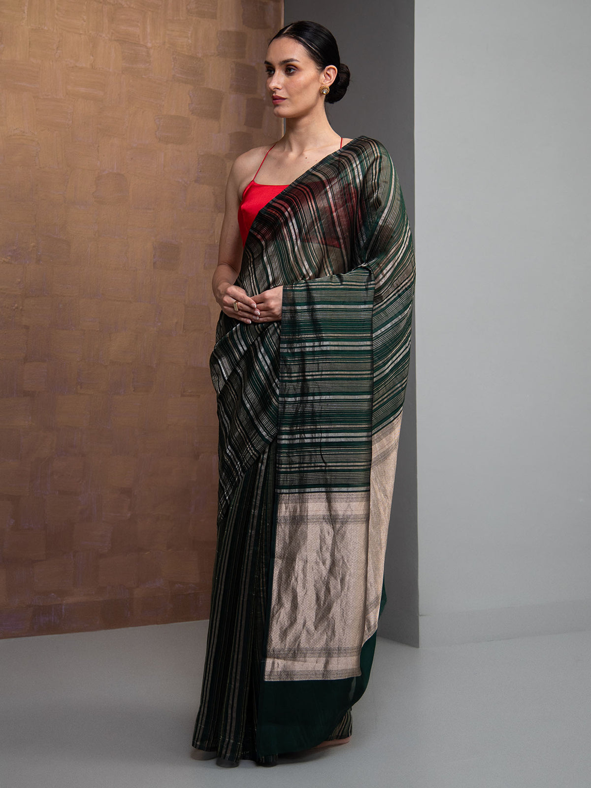 Bottle Green Stripe Silk Handloom Banarasi Saree