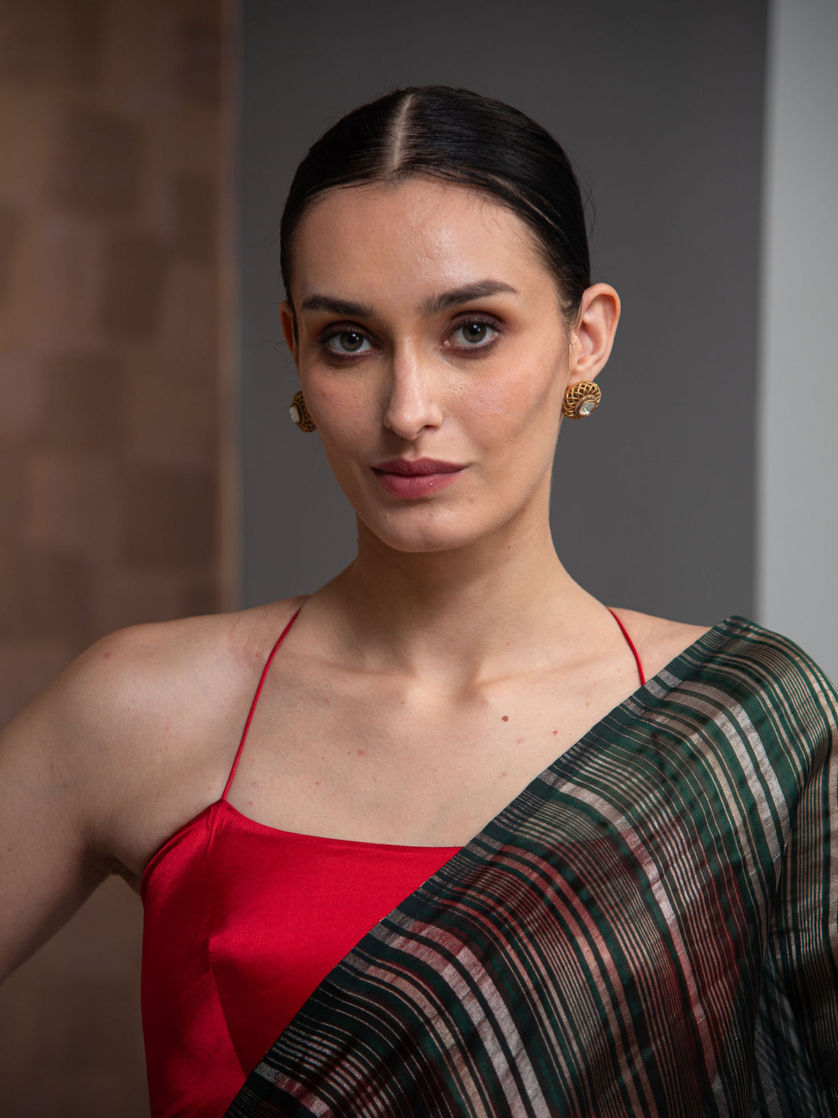 Bottle Green Stripe Silk Handloom Banarasi Saree