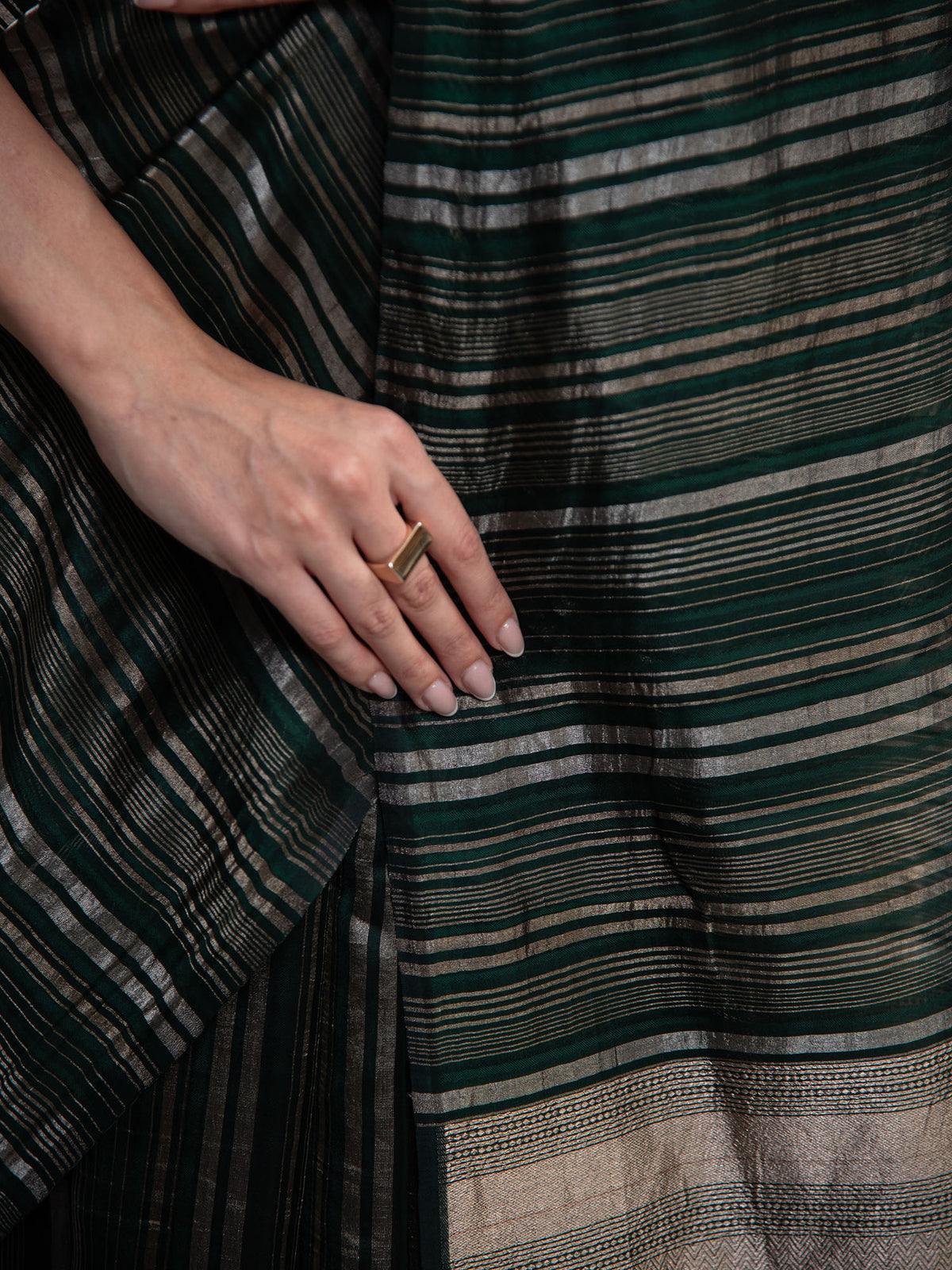 Bottle Green Stripe Silk Handloom Banarasi Saree