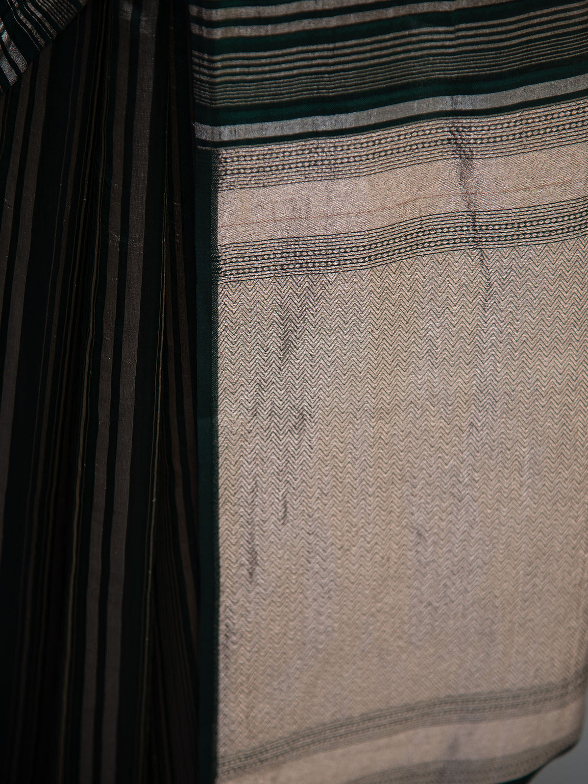 Bottle Green Stripe Silk Handloom Banarasi Saree