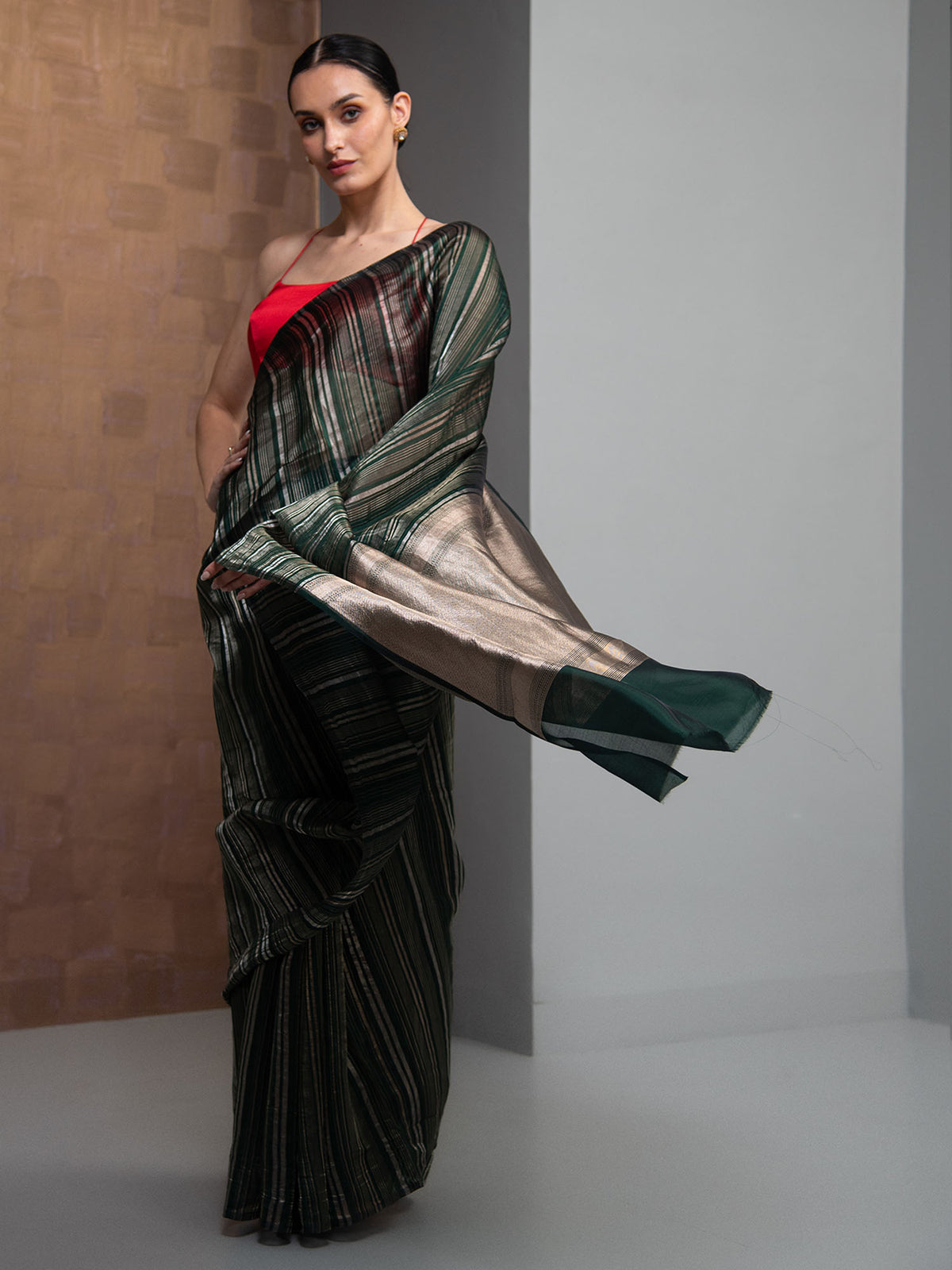 Bottle Green Stripe Silk Handloom Banarasi Saree